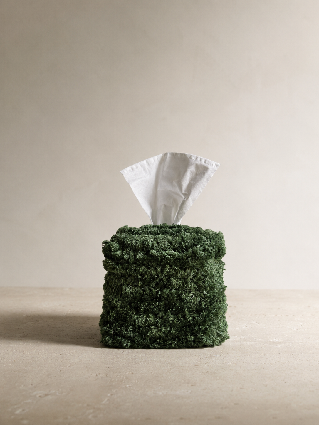 Verde fringe tissue box cover in textured botanical green fringe styled as a sculptural decorative object