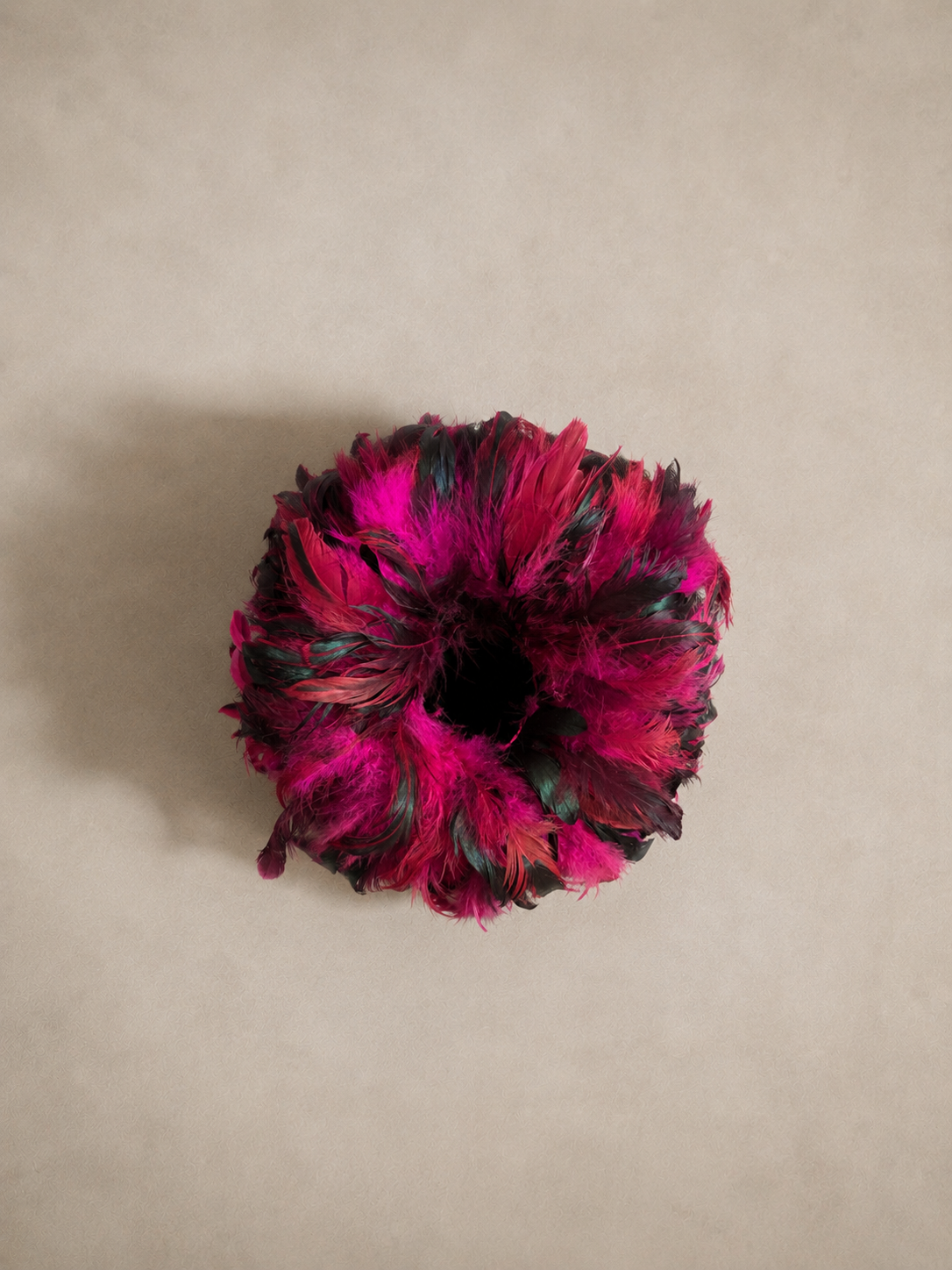 Decorative tissue box cover from the Plume Collection featuring vibrant fuchsia and dark feather detailing.