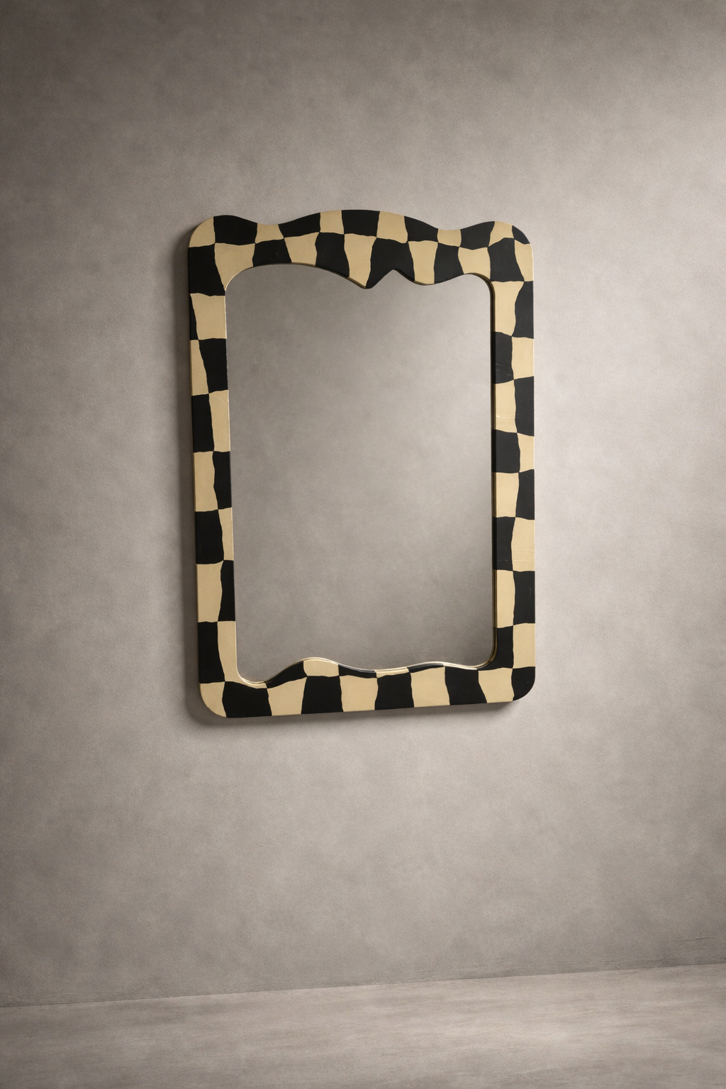 Organic wall mirror with a soft wavy grid reflection and irregular organic shaped frame