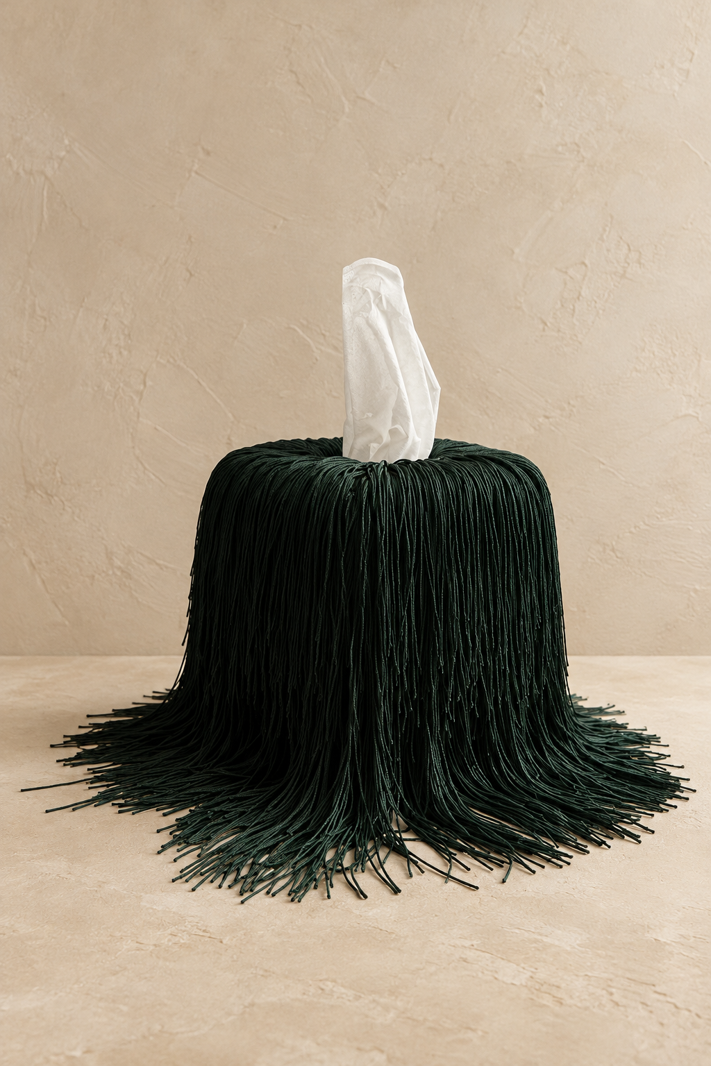 Forest Noir fringe tissue box cover with nearly black emerald green strands spilling naturally across a neutral surface.