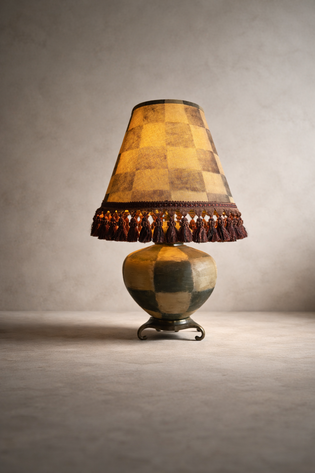 Neutral checkered shade lamp with tassel fringe and a column base on a brass scroll pedestal against a plaster wall.