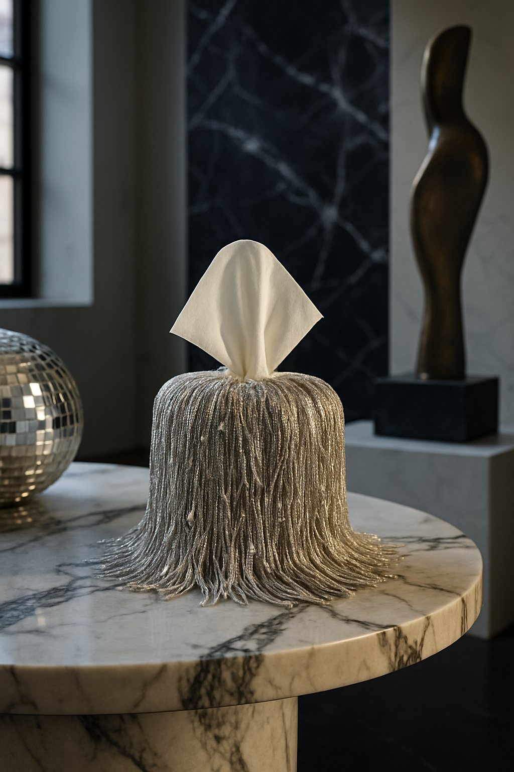 Luxury silver fringe tissue box cover with dramatic cascading strands illuminated in natural light, creating a high-end, editorial home décor moment.