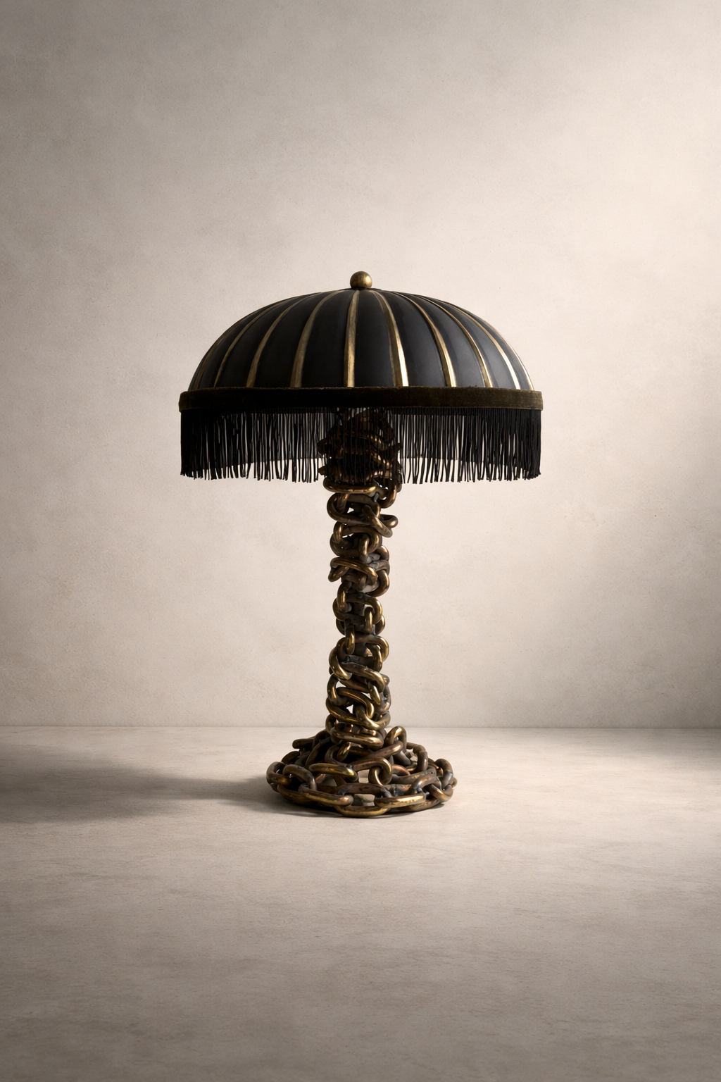 Umbra Chain Lamp with hand-painted glass shade, fringe trim, and dark umber velvet detailing