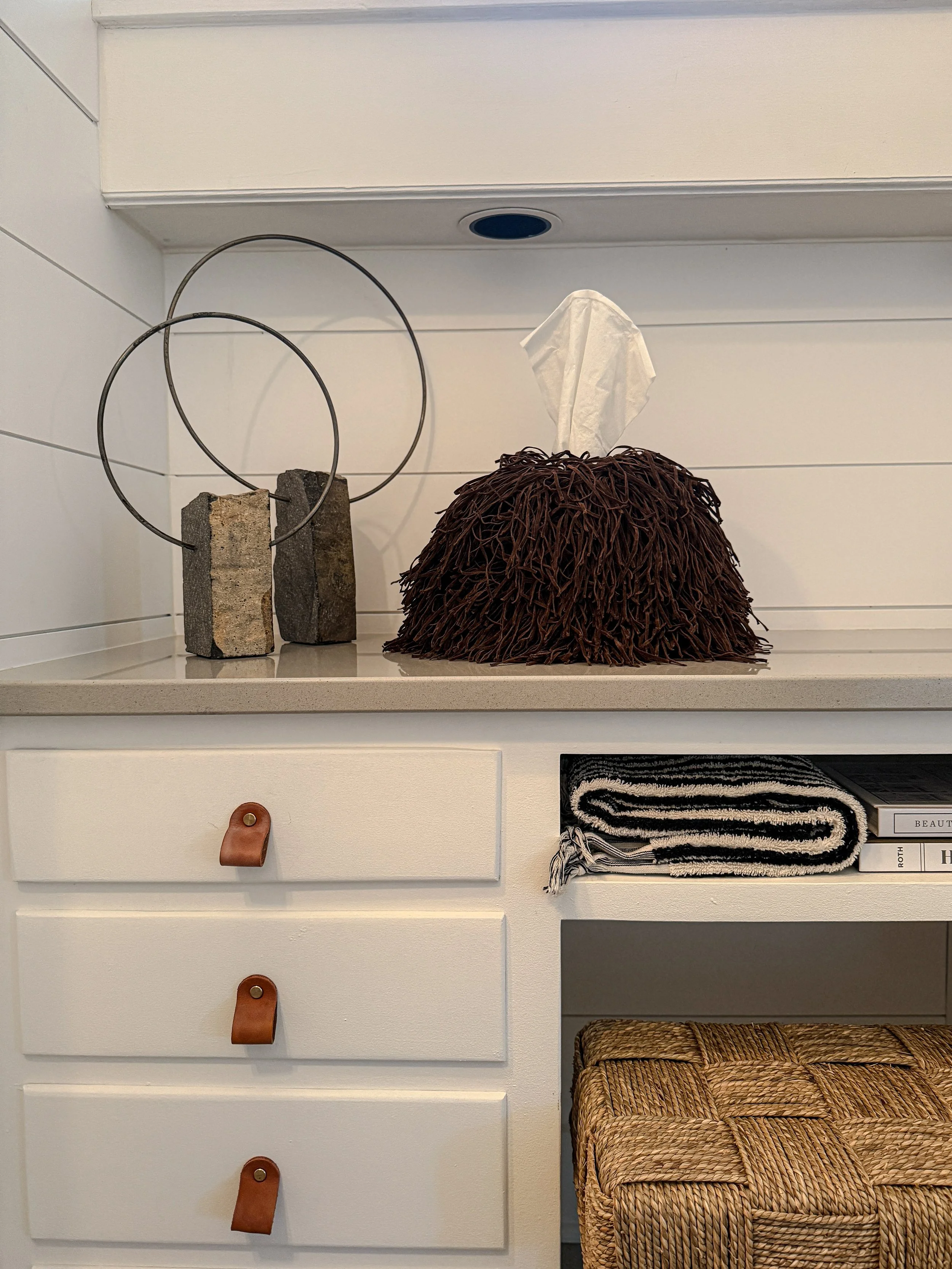 Espresso suede tissue box cover with layered suede fringe details.