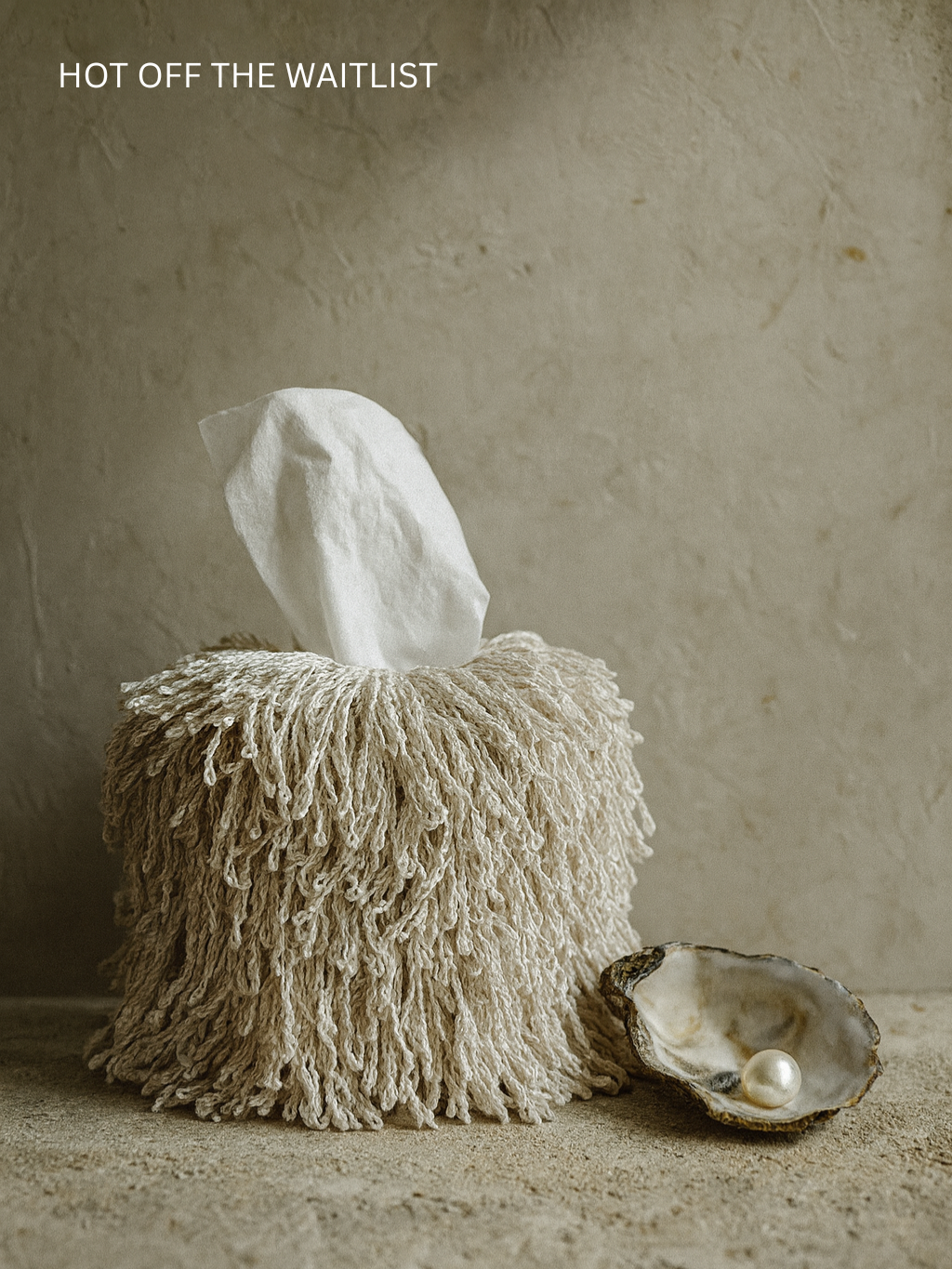 Fringe tissue box cover in pearled cream, handcrafted luxury décor by Amber Renee Hansen.