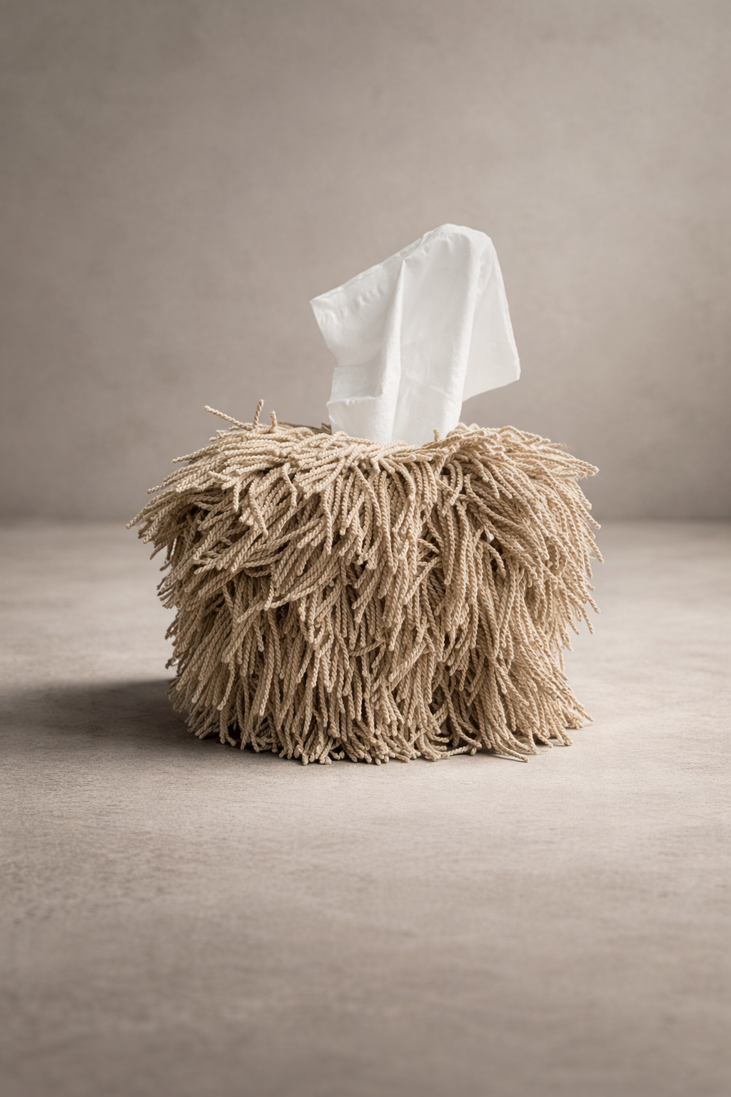 Neutral matte dune fringe tissue box cover on a soft studio background