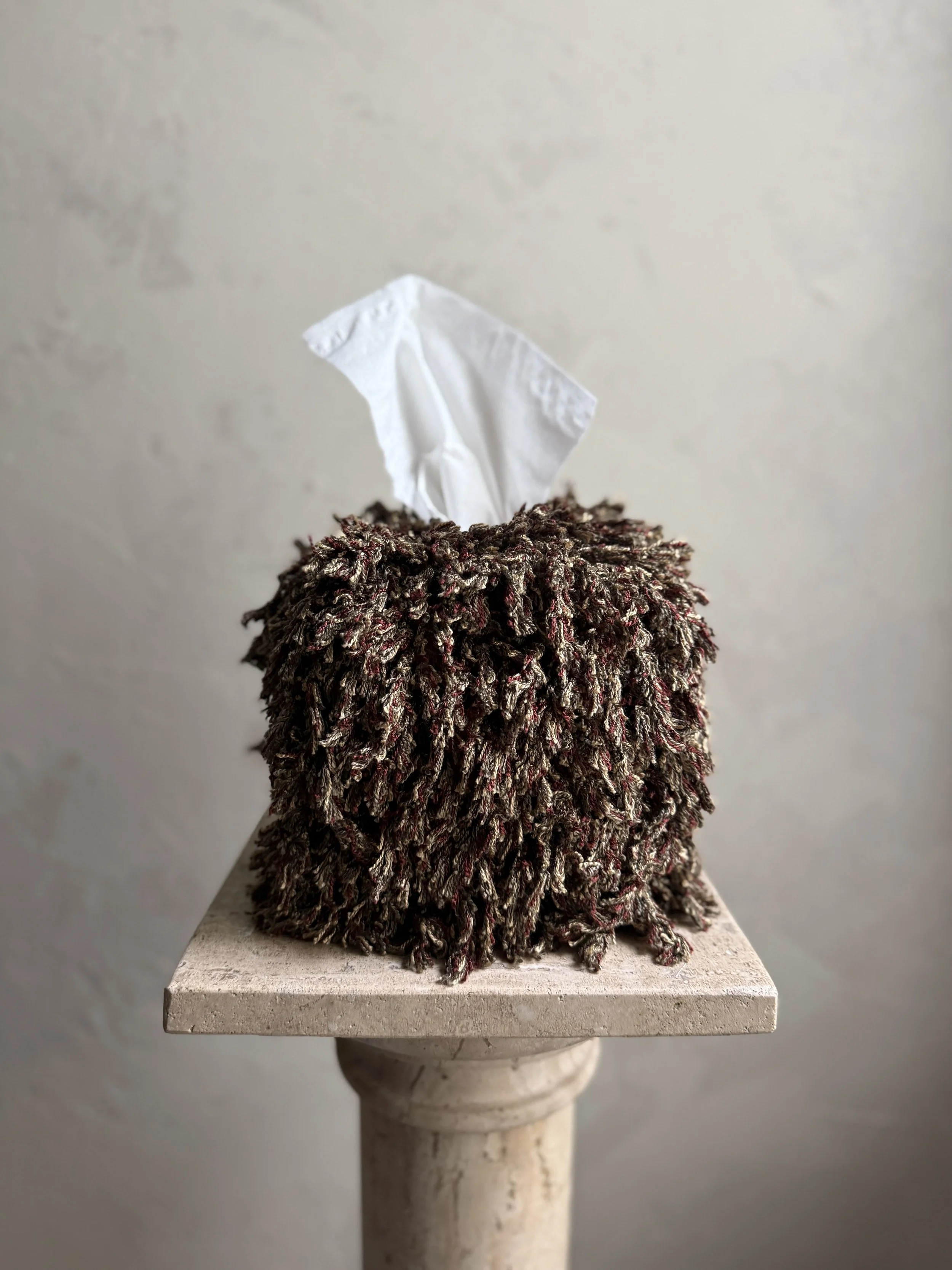Seaweed Merlot fringe tissue box cover — sculptural home object wrapped in mossy olive and deep merlot tones with subtle cream threading