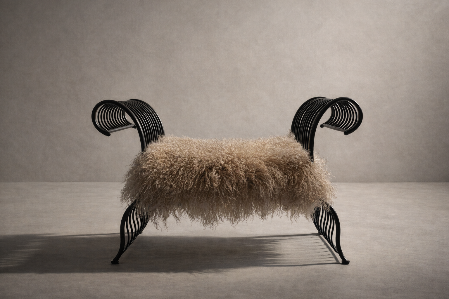 Wing Span Mongolian Lamb Bench in Soft Oat, featuring a dark espresso metal crossed frame, photographed in a quiet neutral setting