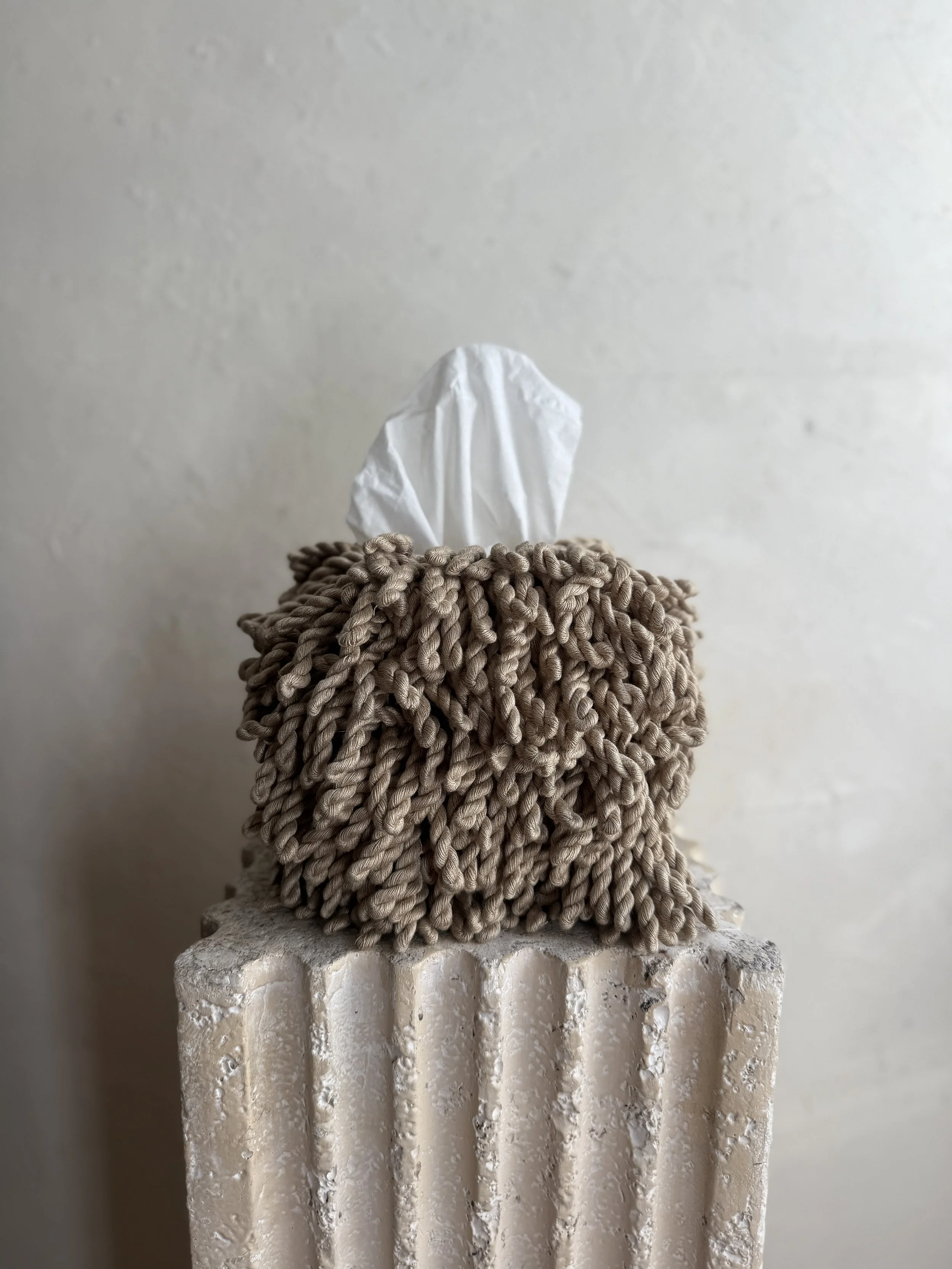 Fringe Tissue Box Cover in Wild Khaki twisted fringe, designed by Amber Renee Hansen.