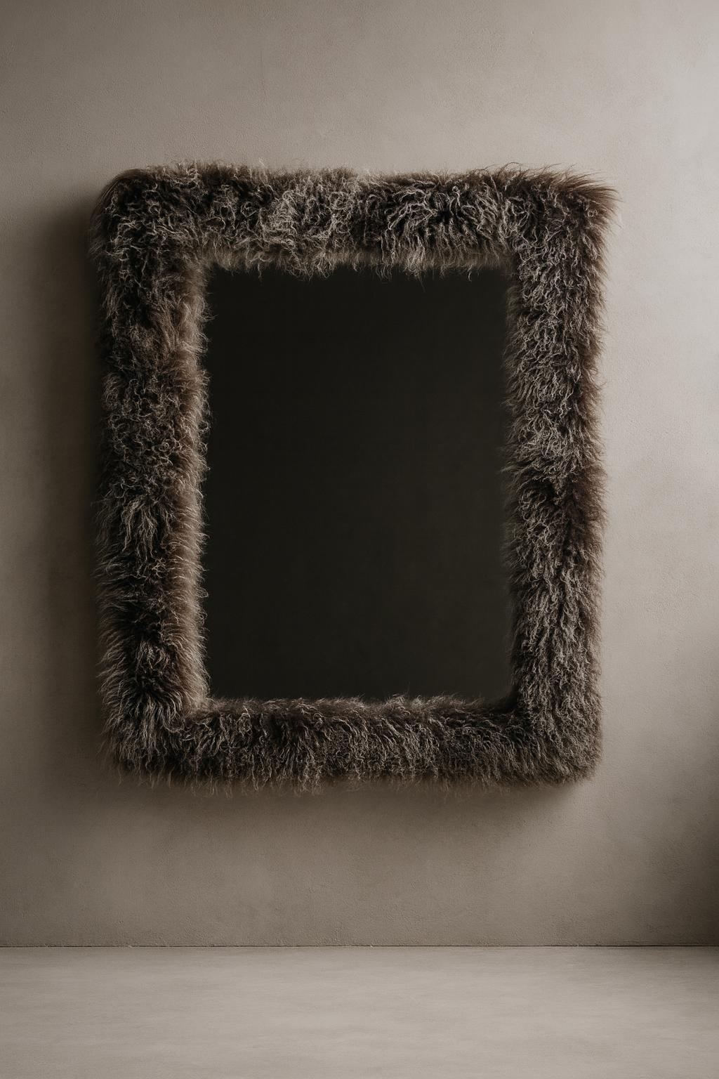 Montana Frost-Tipped sheepskin wall mirror with two-tone texture and lightened tips, photographed in a neutral plaster studio setting.