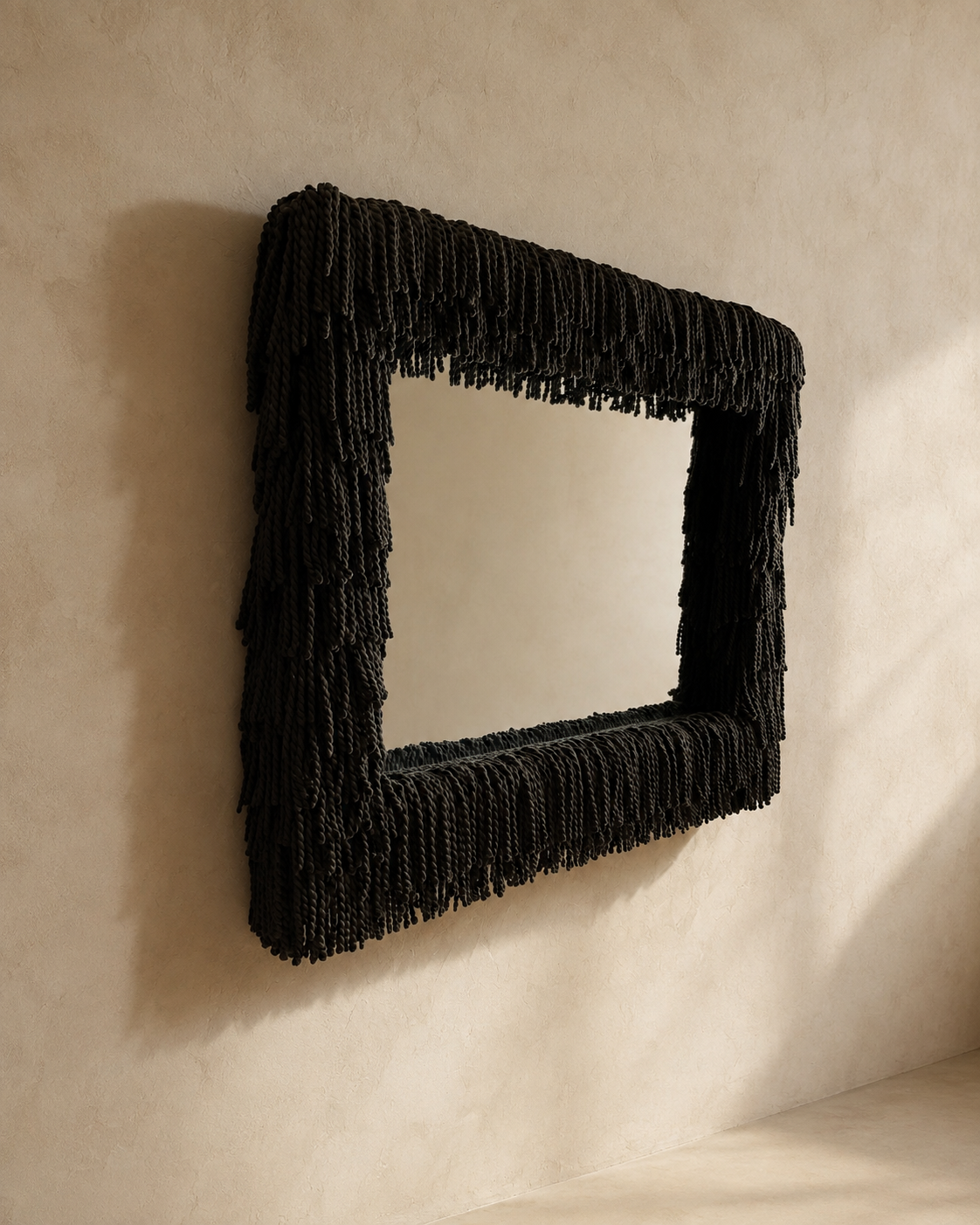Detail view of layered bullion fringe surrounding a custom collectible mirror by artist and designer Amber Renee Hansen.