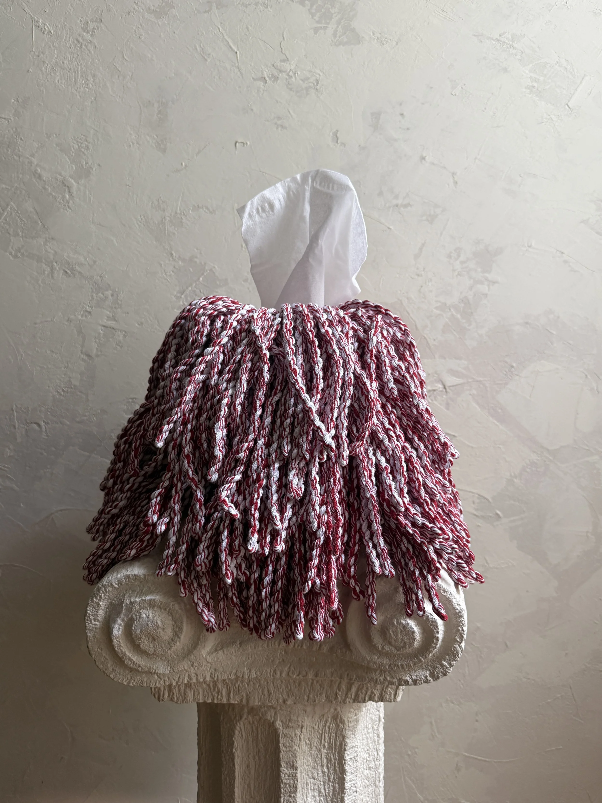 Cane-twist red and white fringe tissue box cover styled for elevated interiors.