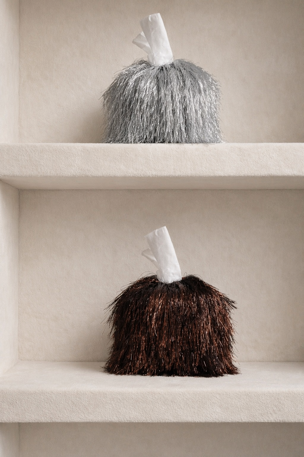Burnt mahogany static tinsel fringe tissue box cover with reflective layered texture in a warm luxury interior