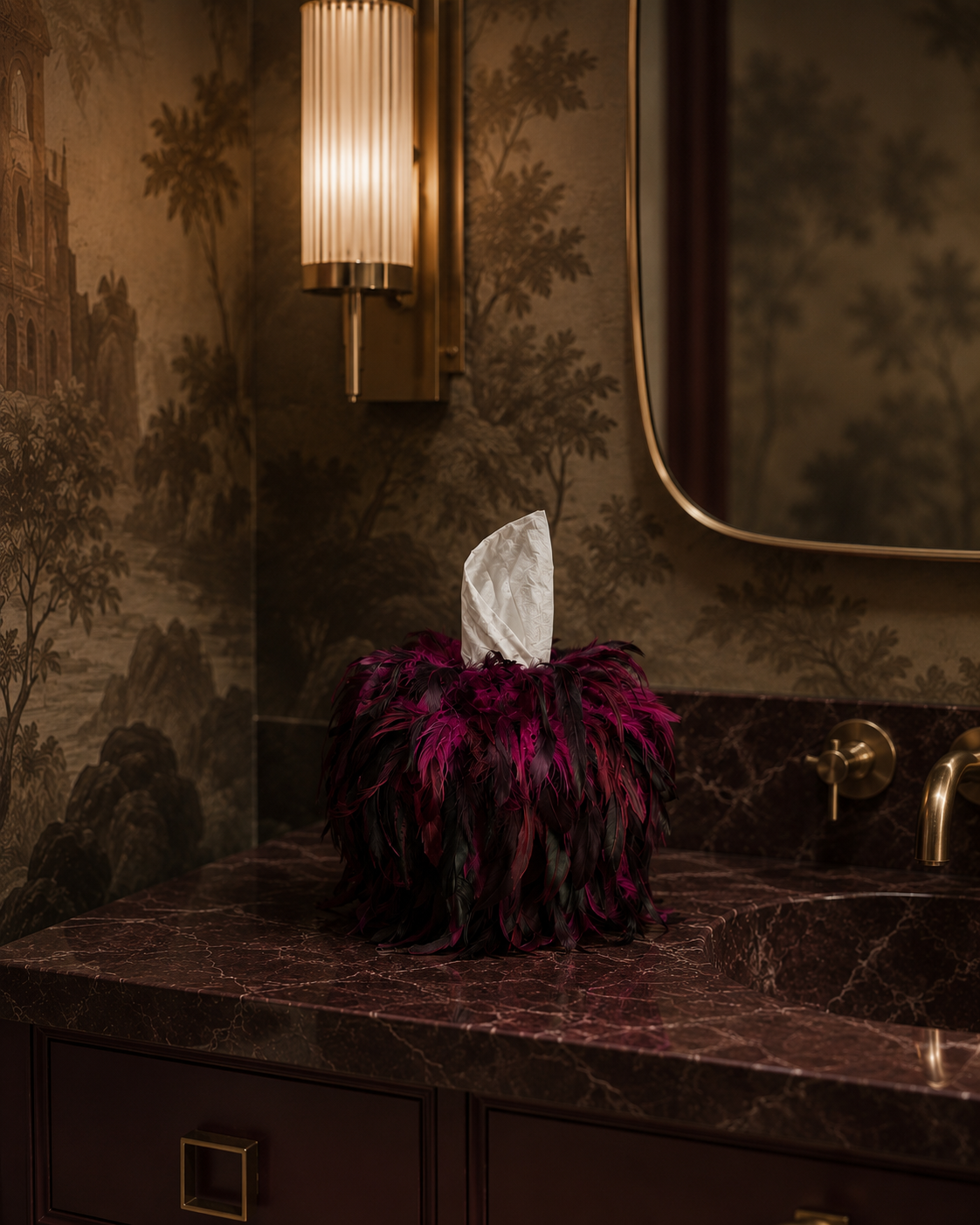 Sculptural feather tissue box cover in Black Orchid with rich black and fuchsia plumage and dramatic texture.