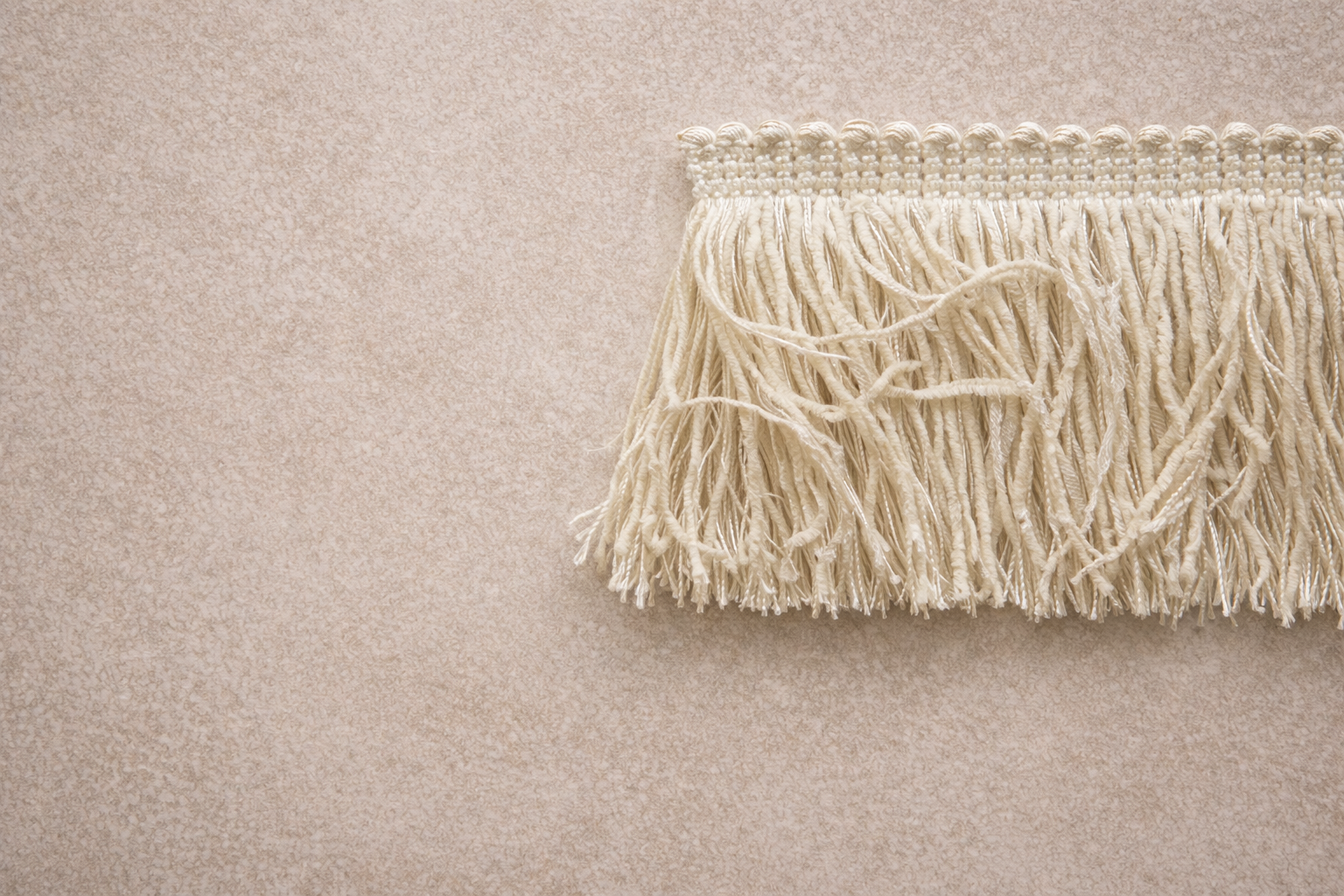 Fringe tissue box cover in Weathered Bone with layered textures, designed by Amber Renee Hansen close up of fringe detail.