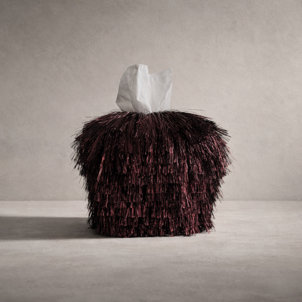 Burgundy Static tinsel fringe tissue box cover with metallic texture and sculptural surface