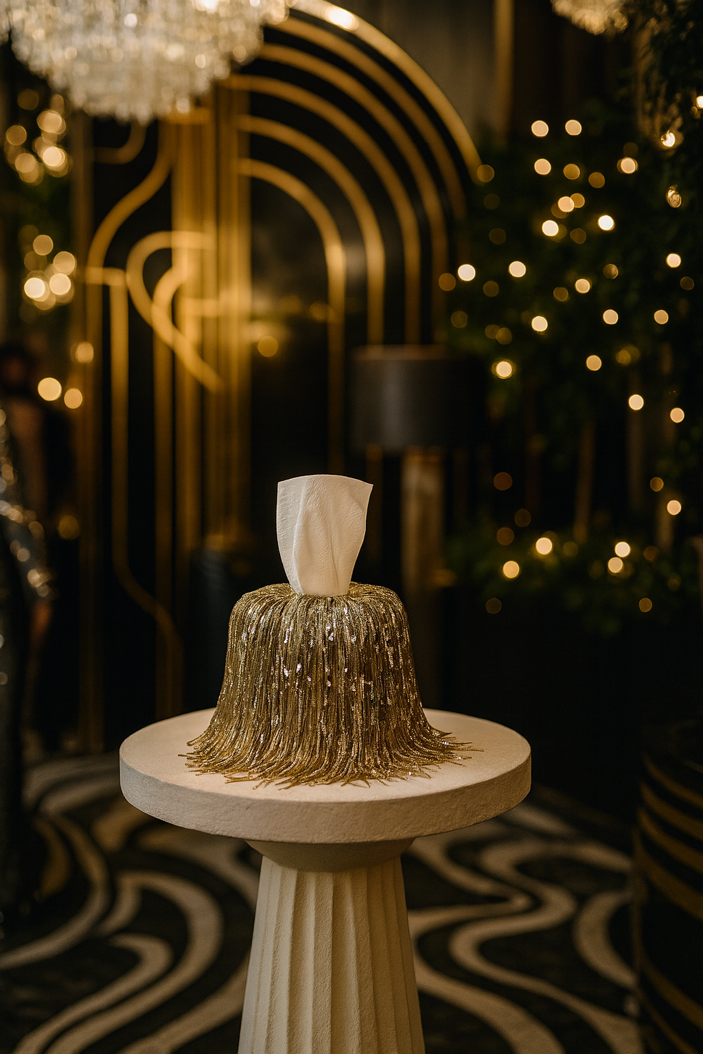Gold (or Silver) fringe tissue box cover from the 11:59 Limited Edition, designed for New Year’s Eve.