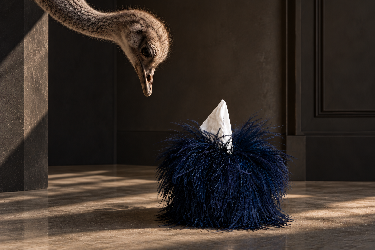 Midnight blue ostrich tissue box cover by Amber Renee Hansen on a warm neutral plaster background