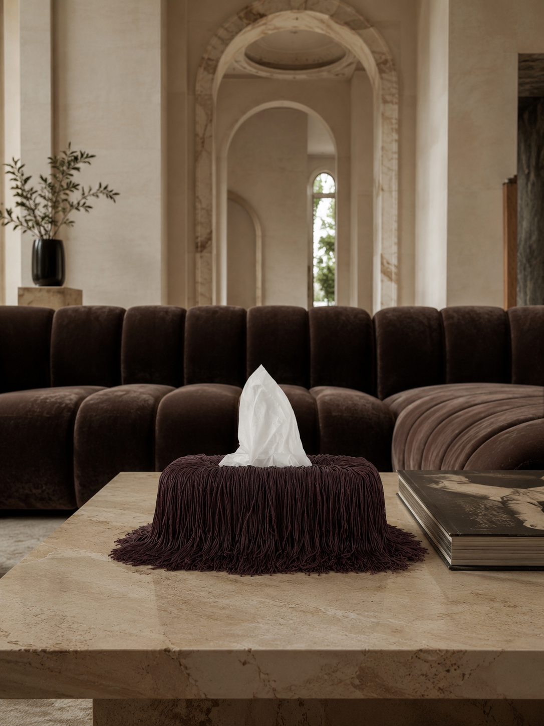 Bordeaux Noir fringe tissue box cover featuring cascading burgundy fringe draped over an elongated rectangular silhouette, creating a sculptural statement piece for luxury interiors and powder rooms.