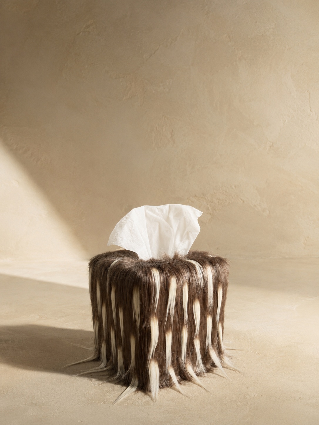 Quiet Thorn faux fur tissue box cover with fibers brushed down for a soft, calm sculptural silhouette.