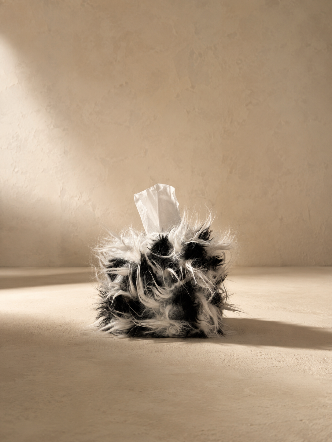 Feral Fur Tissue Box Cover by Amber Renee Hansen – a one-of-a-kind sculptural décor piece, transforming an overlooked object into quiet luxury with wild, textural fur