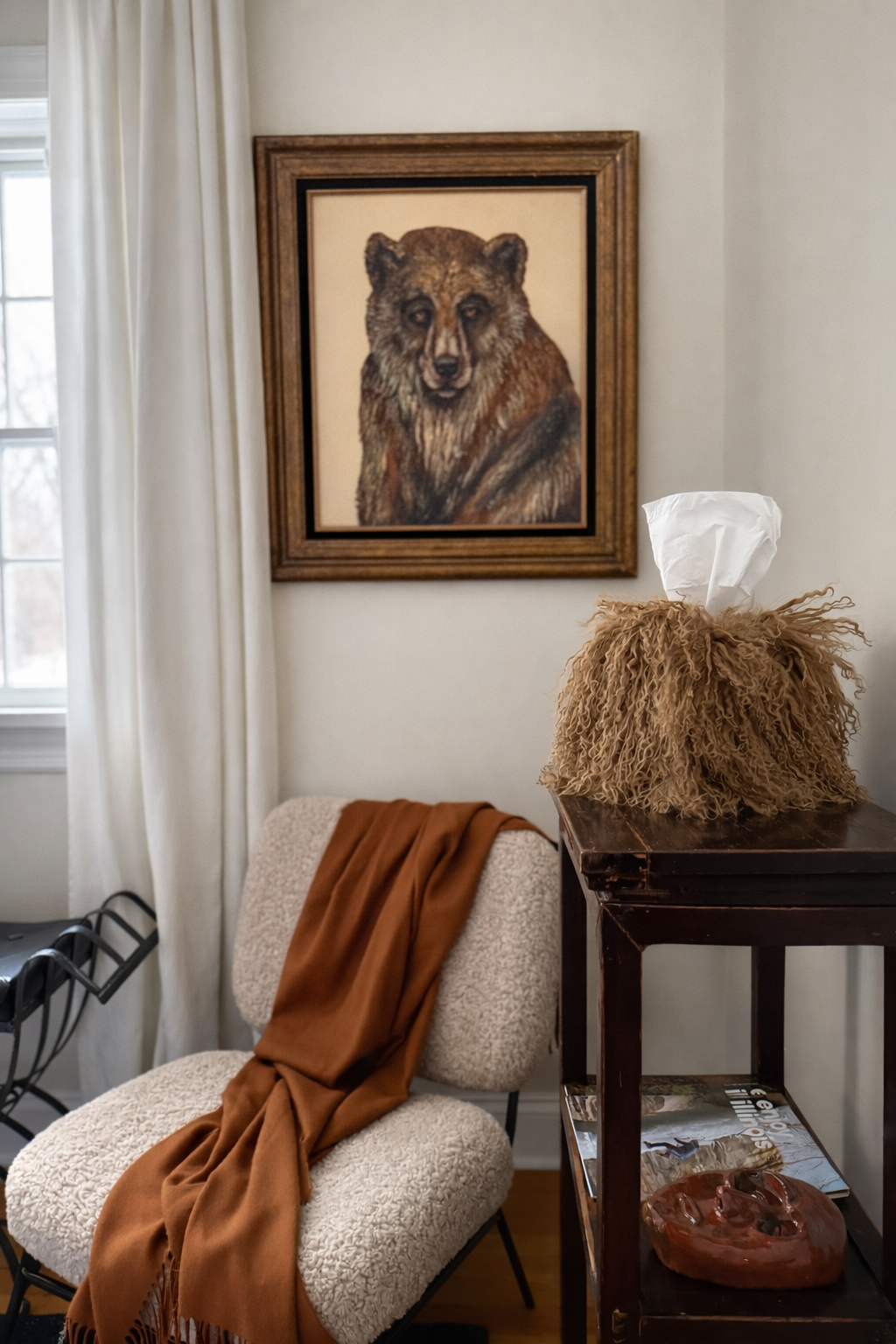 Designer sheepskin tissue box cover styled in a minimal interior