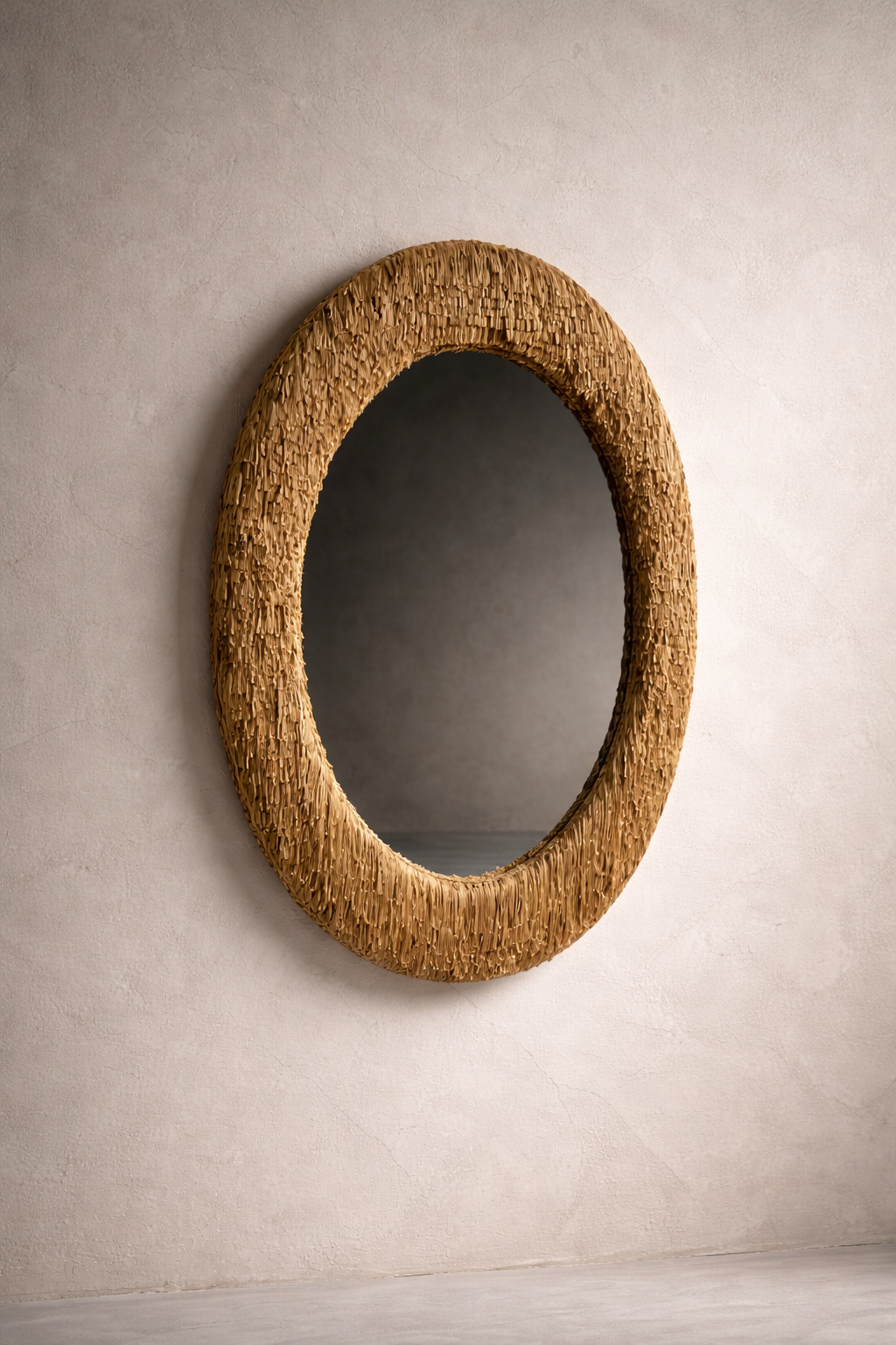 Custom sculptural fringe mirror with warm-toned texture photographed against a plaster wall — designed for Alice + Olivia Madison Avenue