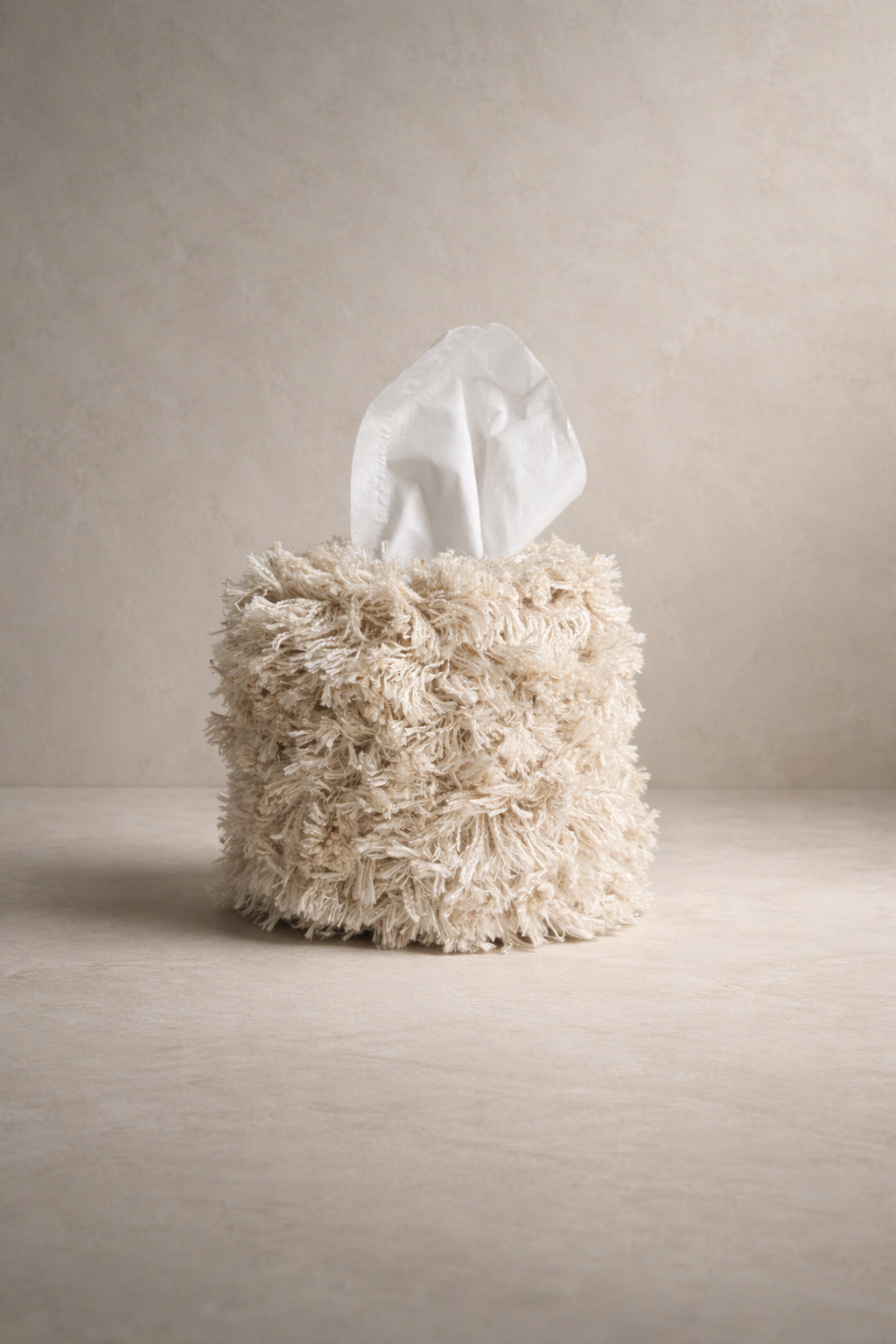 Feathered Oat Milk fringe tissue box cover styled as a sculptural neutral home accessory.