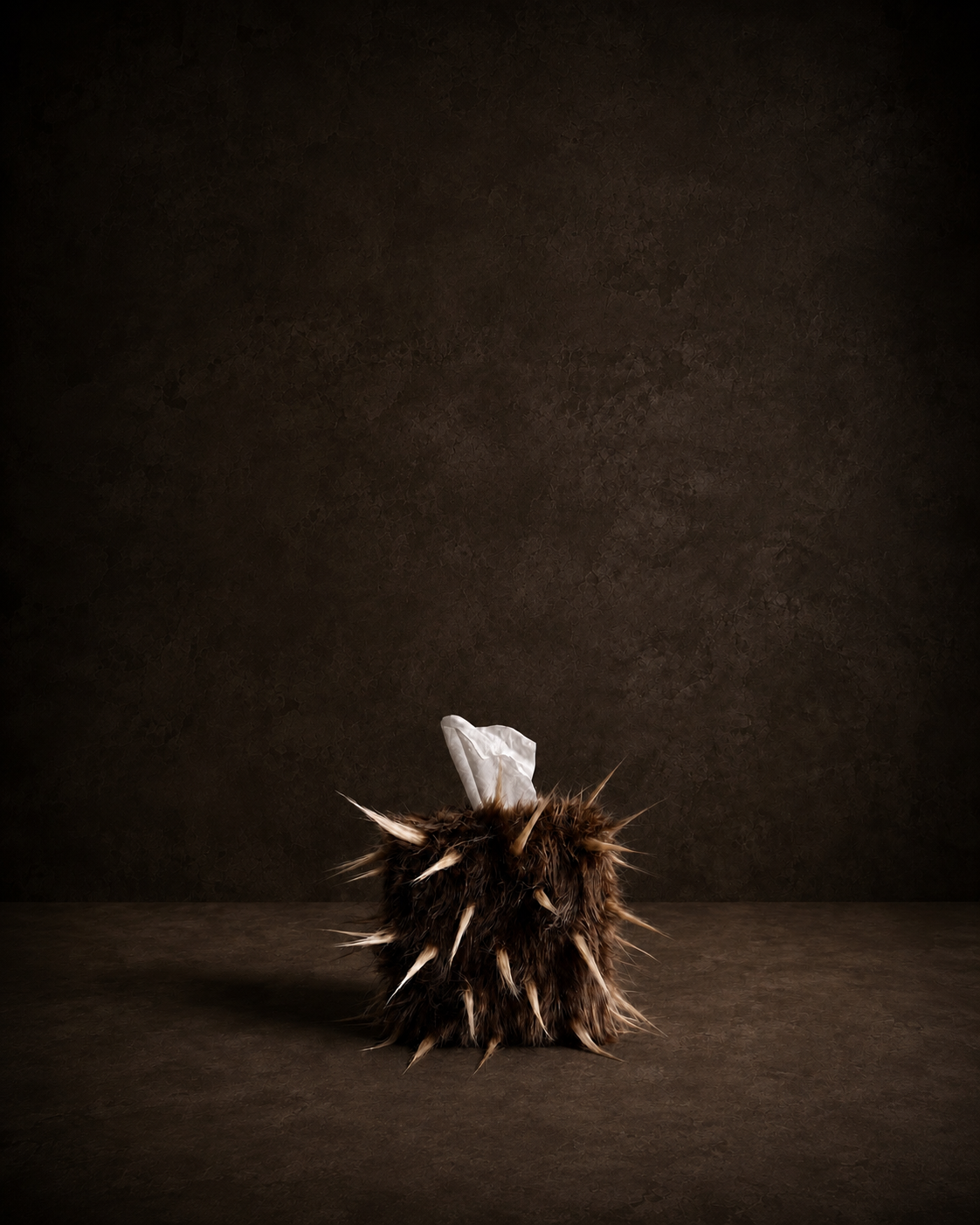 Quiet Thorn faux fur tissue box cover with fibers styled upward to create an exaggerated pointed texture.