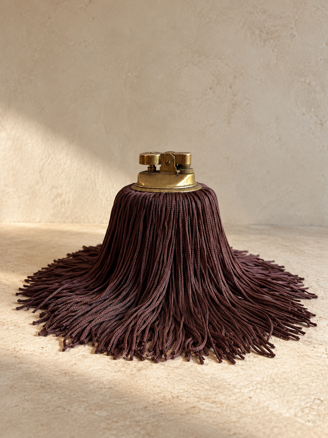 Bordeaux Noir Fringe Lighter by Amber Renee Hansen, a vintage onyx table lighter reinvigorated with cascading deep burgundy fringe, photographed in a minimal editorial setting.