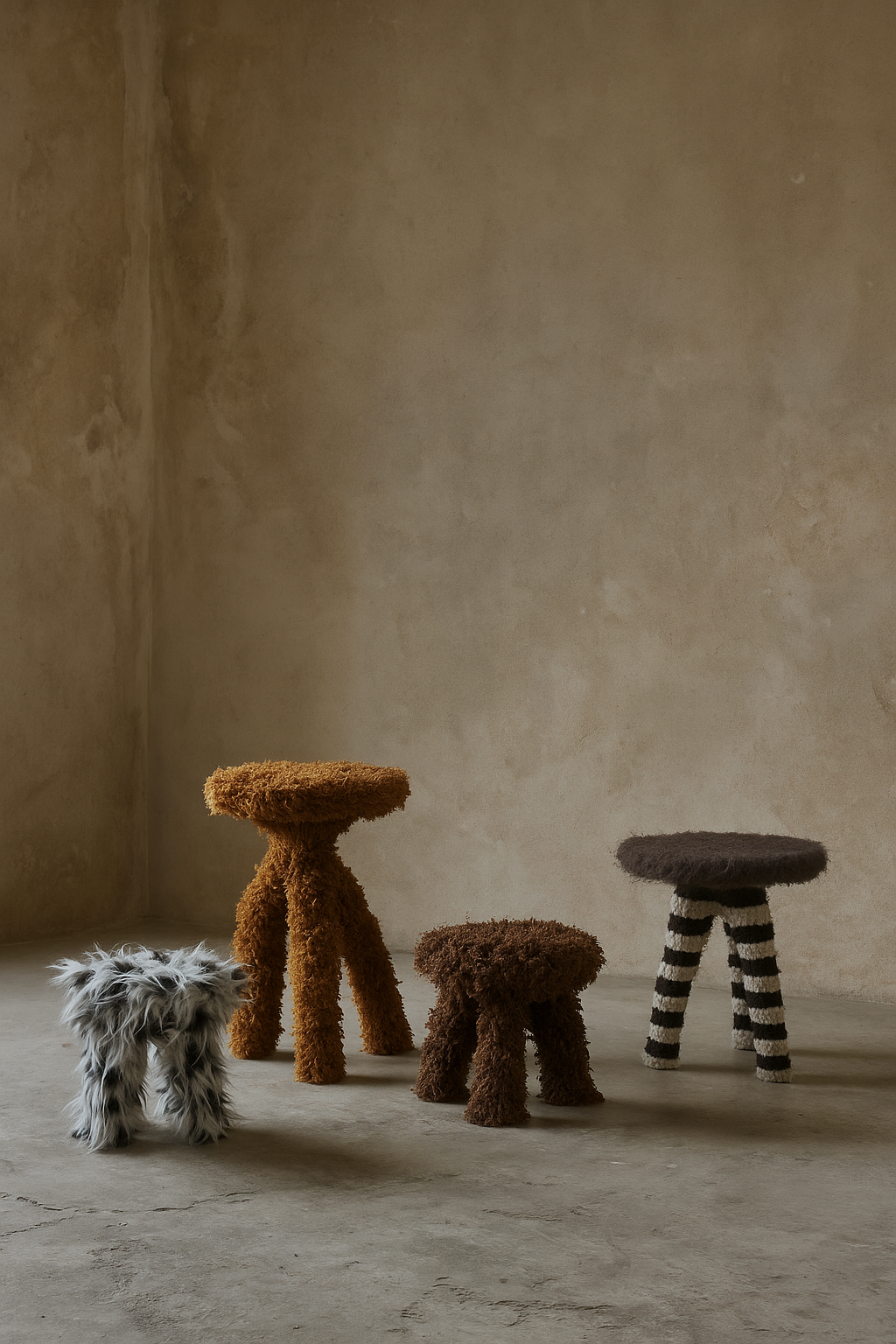 Side profile of the Striped Bouclé Teddy Side Table highlighting the soft faux fur top and textured bouclé stripes.