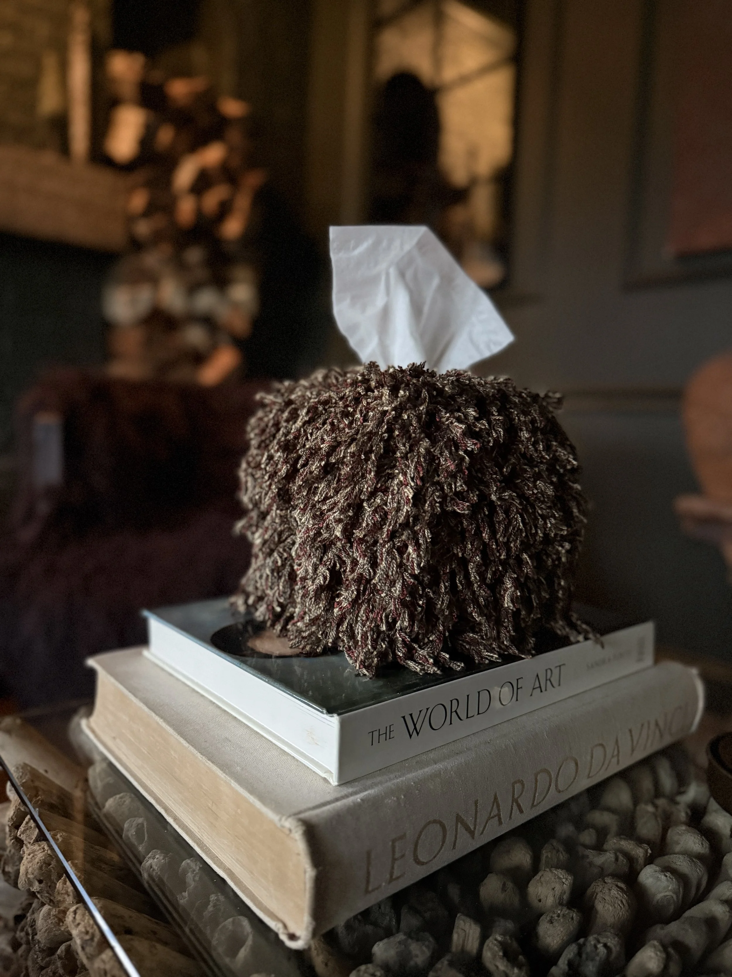 Seaweed Merlot fringe tissue box cover — sculptural home object wrapped in mossy olive and deep merlot tones with subtle cream threading
