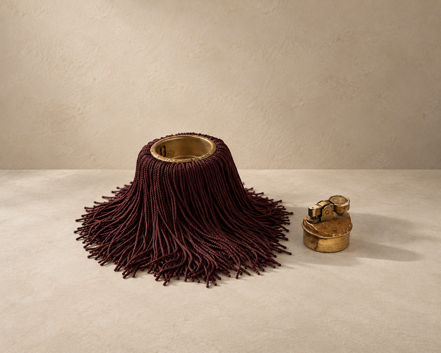 Bordeaux Noir Fringe Lighter by Amber Renee Hansen, a vintage onyx table lighter reinvigorated with cascading deep burgundy fringe, photographed in a minimal editorial setting.