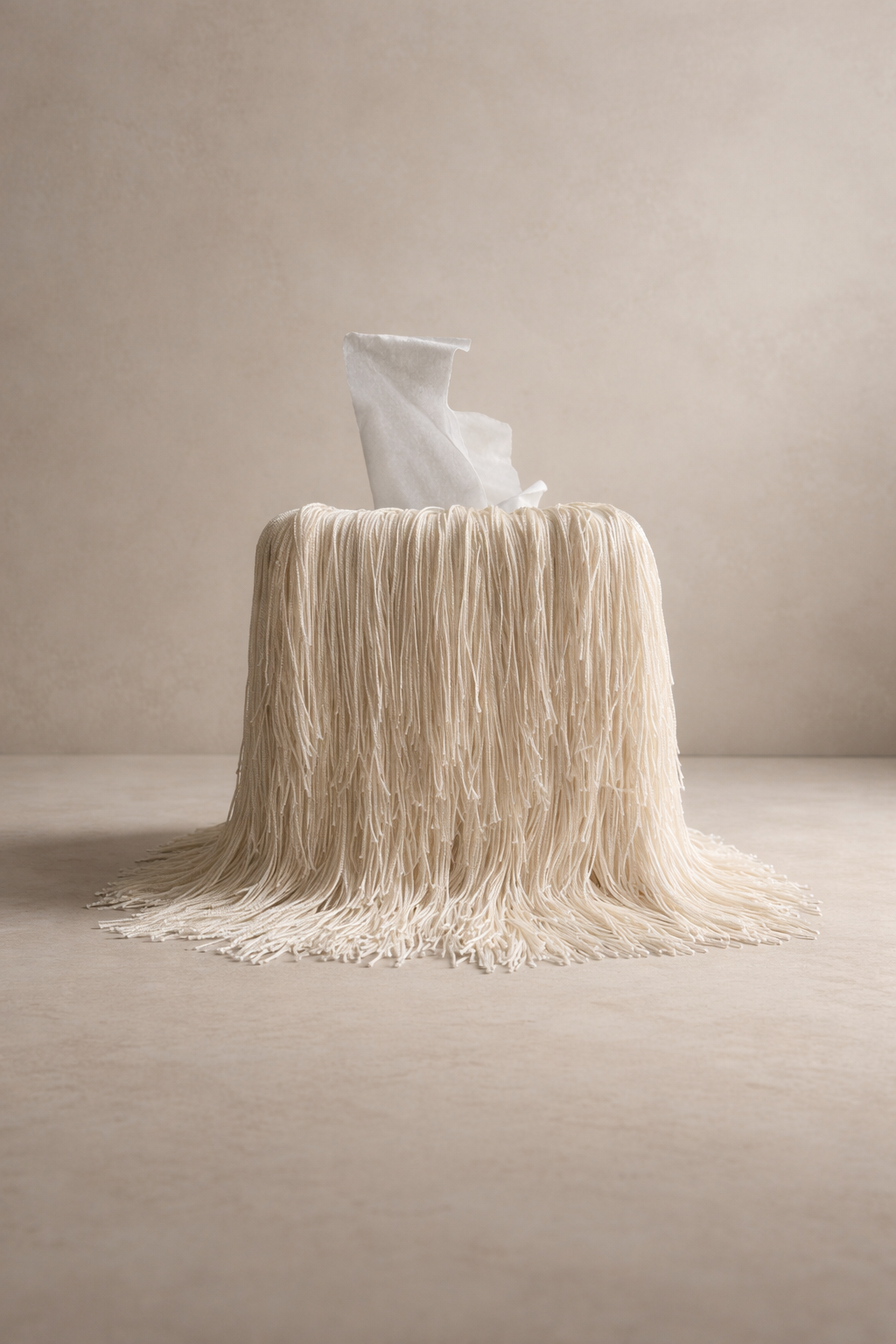 Quiet Bone Fringe Tissue Box Cover — Spill Edit by Amber Renee Hansen. Soft warm bone neutral long-flowing fringe drapes sculpturally with an intentional tissue spill in a minimalist studio setting.