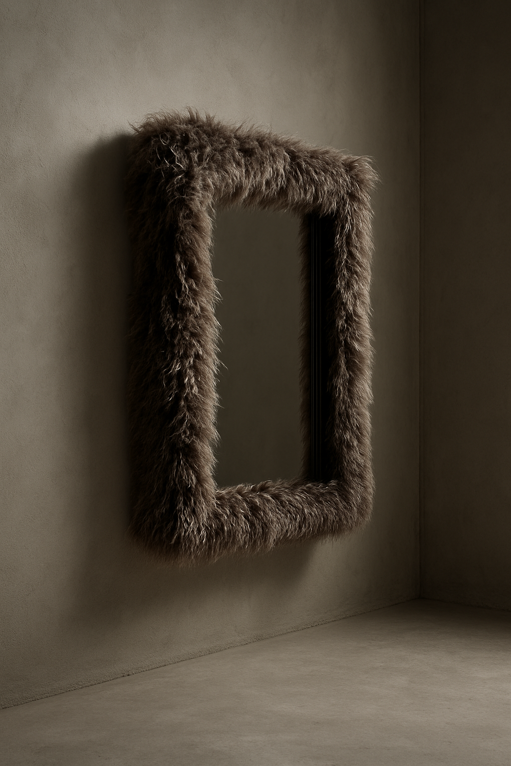 Side profile of Montana Frost-Tipped sheepskin mirror showing depth, thickness, and frost-tipped ends along the frame.