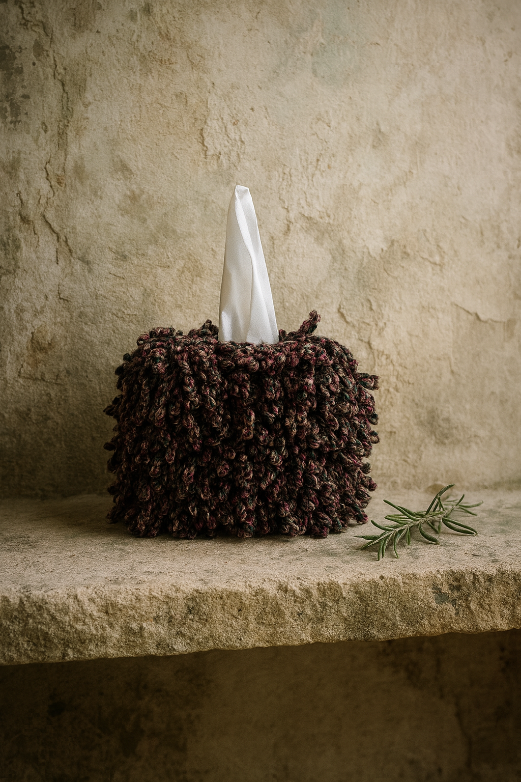 designer fringe tissue box cover in rosemary and merlot tones