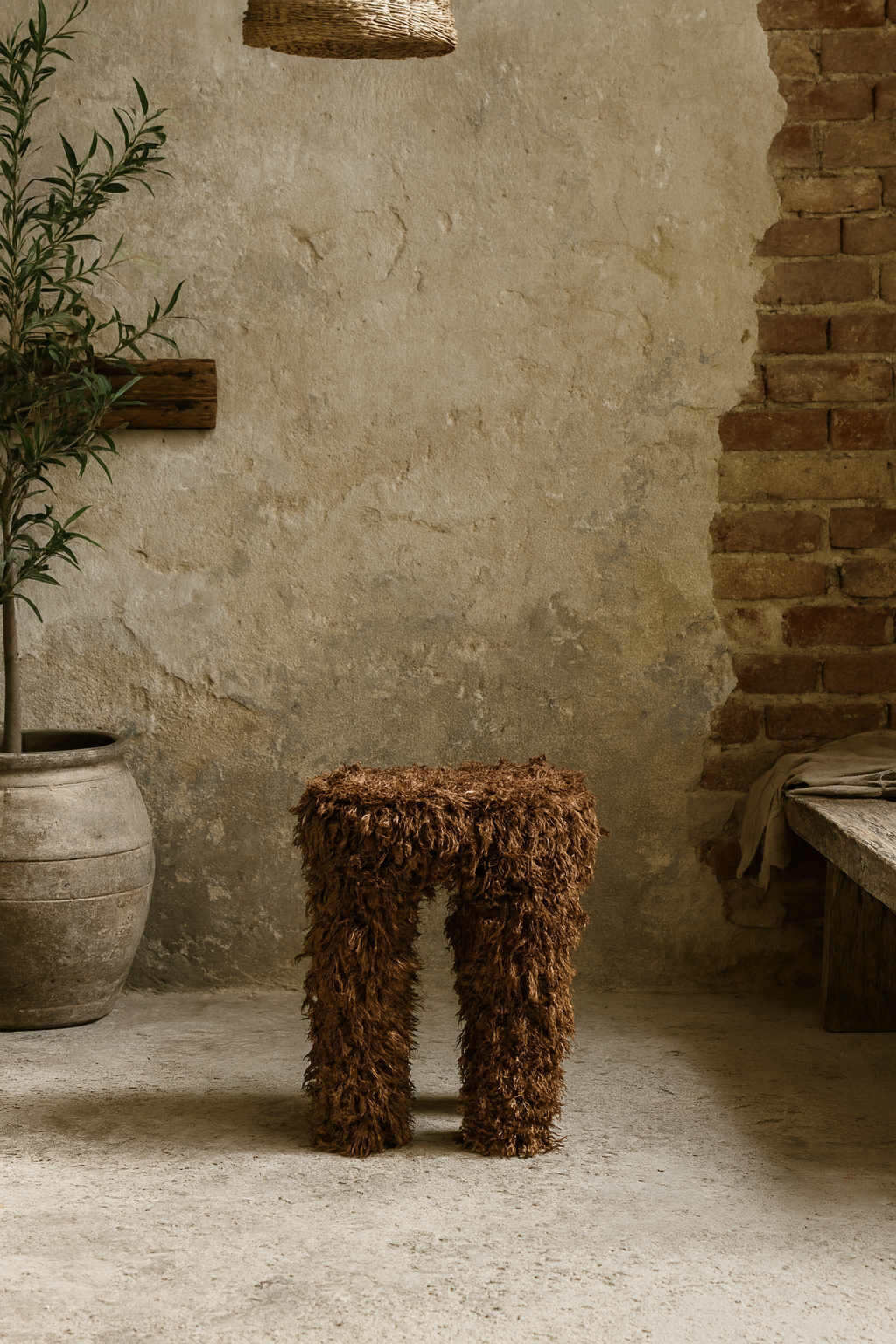 Teddy Side Table — fringe-wrapped sculptural side table designed by Amber Renee Hansen