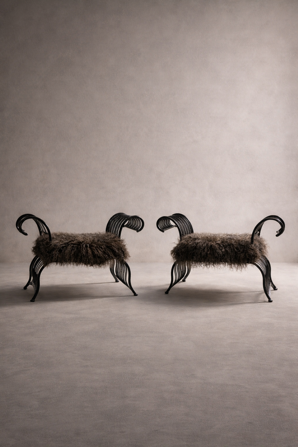 Wing Span Mongolian Lamb Bench in midnight moss, featuring a dark espresso metal crossed frame, photographed in a quiet neutral setting