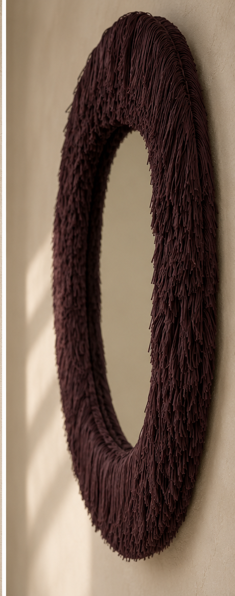 Side-angle view of Project 7635, a custom Bordeaux fringe mirror by Amber Renee Hansen showing the depth, texture, and elongated drape of the sculptural frame