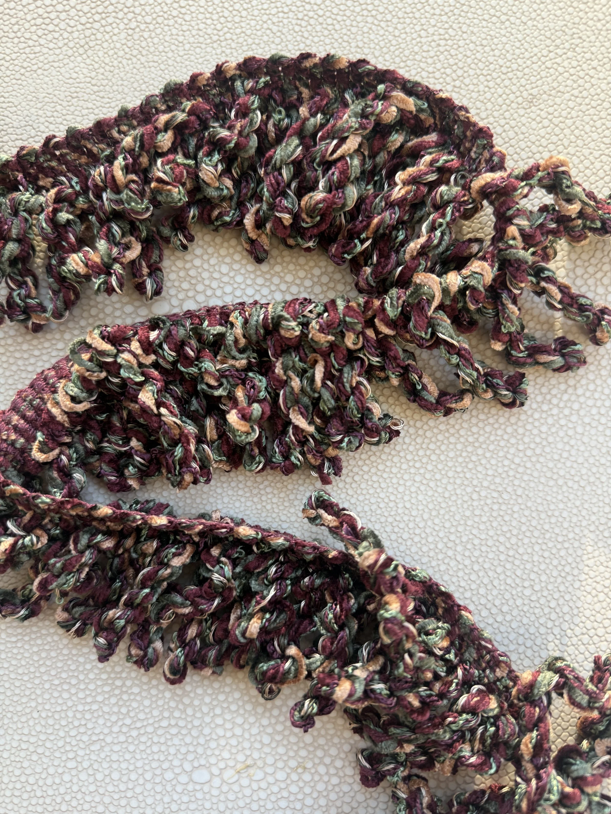 designer fringe tissue box cover in rosemary and merlot tones