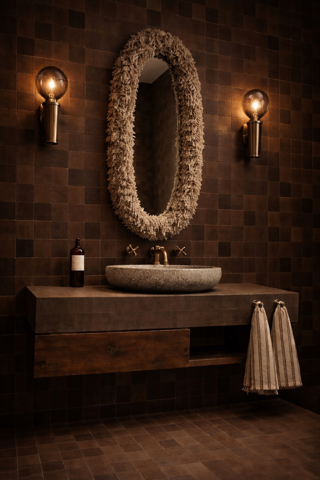 Elongated oval wall mirror wrapped in soft moss shag fringe, shown against a warm neutral plaster wall in soft natural light.