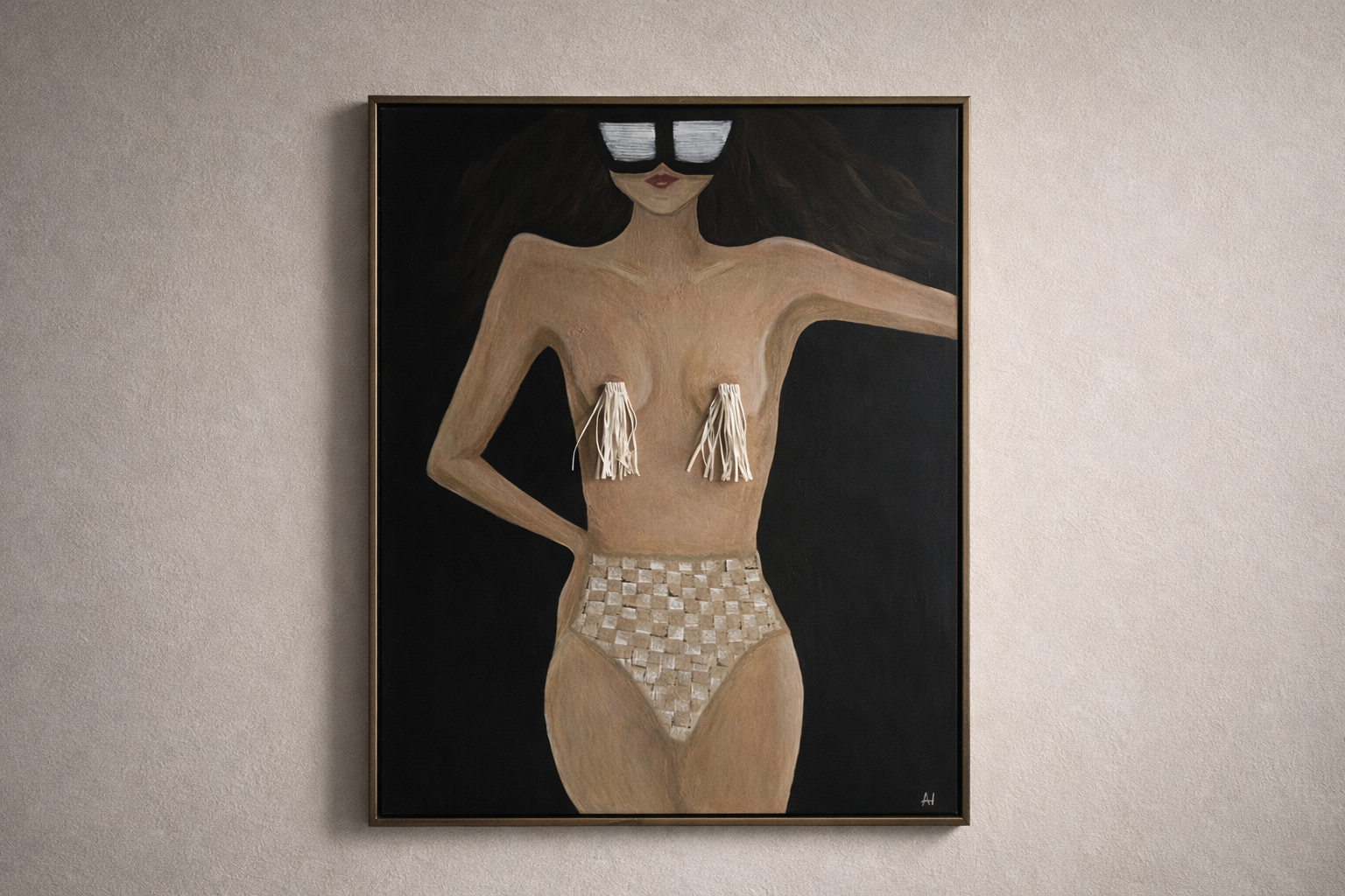 The Female Edit artwork — hand-painted female form with fringe tassels and checkered bottoms, by Amber Renee Hansen