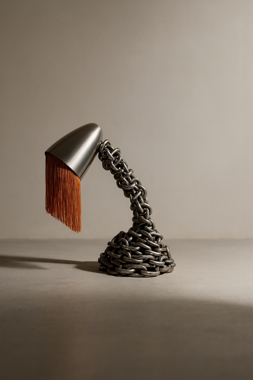 Sculptural Chic Pix gooseneck chain lamp with wrapped steel chain base, brushed metal shade, and fringe detail on a neutral studio surface