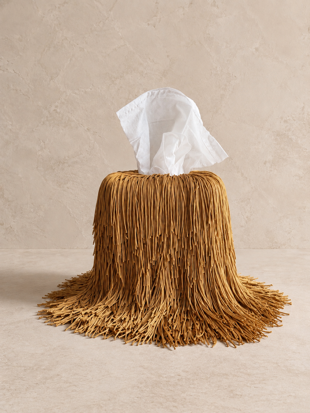 Golden amber fringe tissue box cover, spill edit design, collectible handcrafted interior accent.