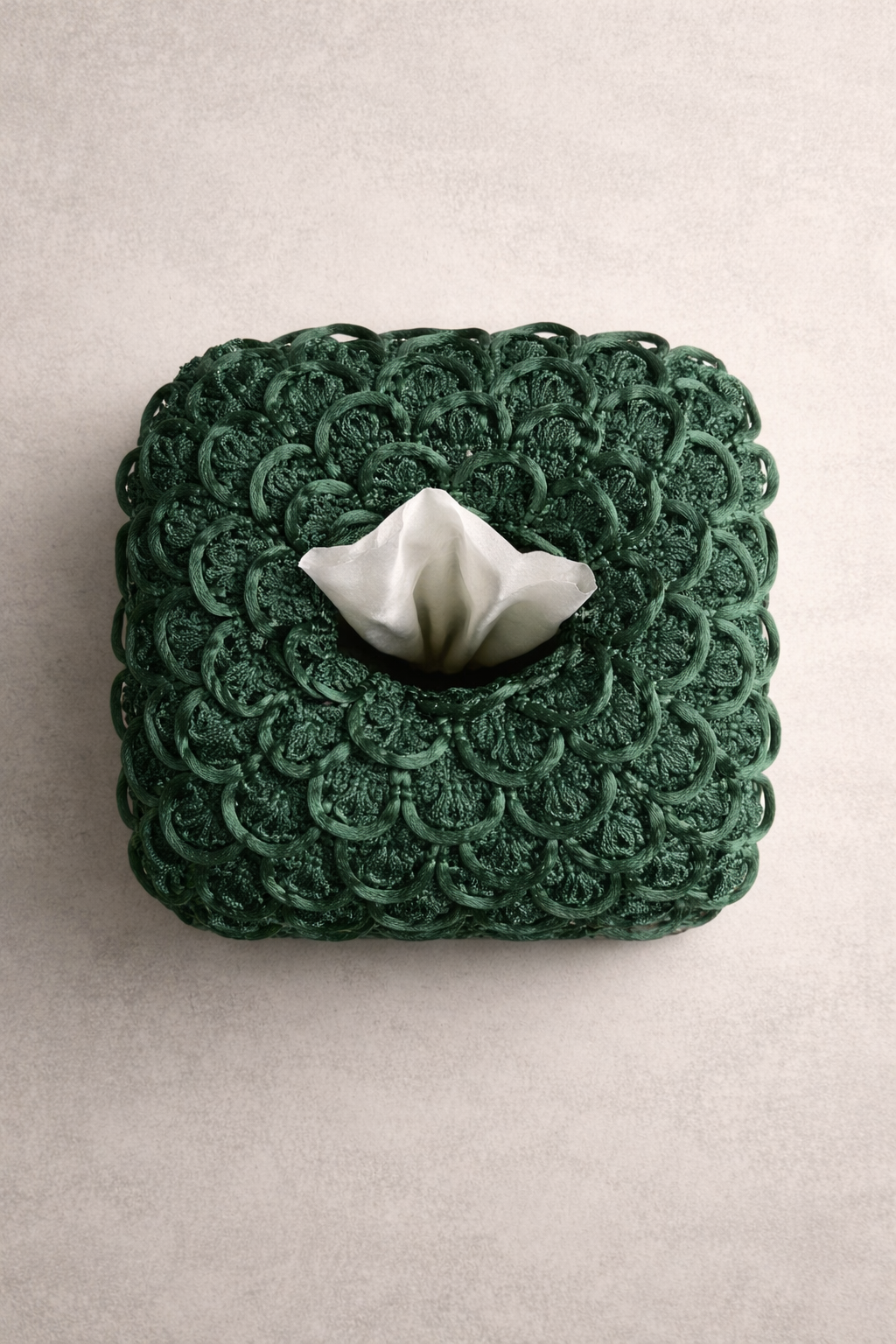 Emerald scale tissue box cover in deep green with overlapping scale pattern