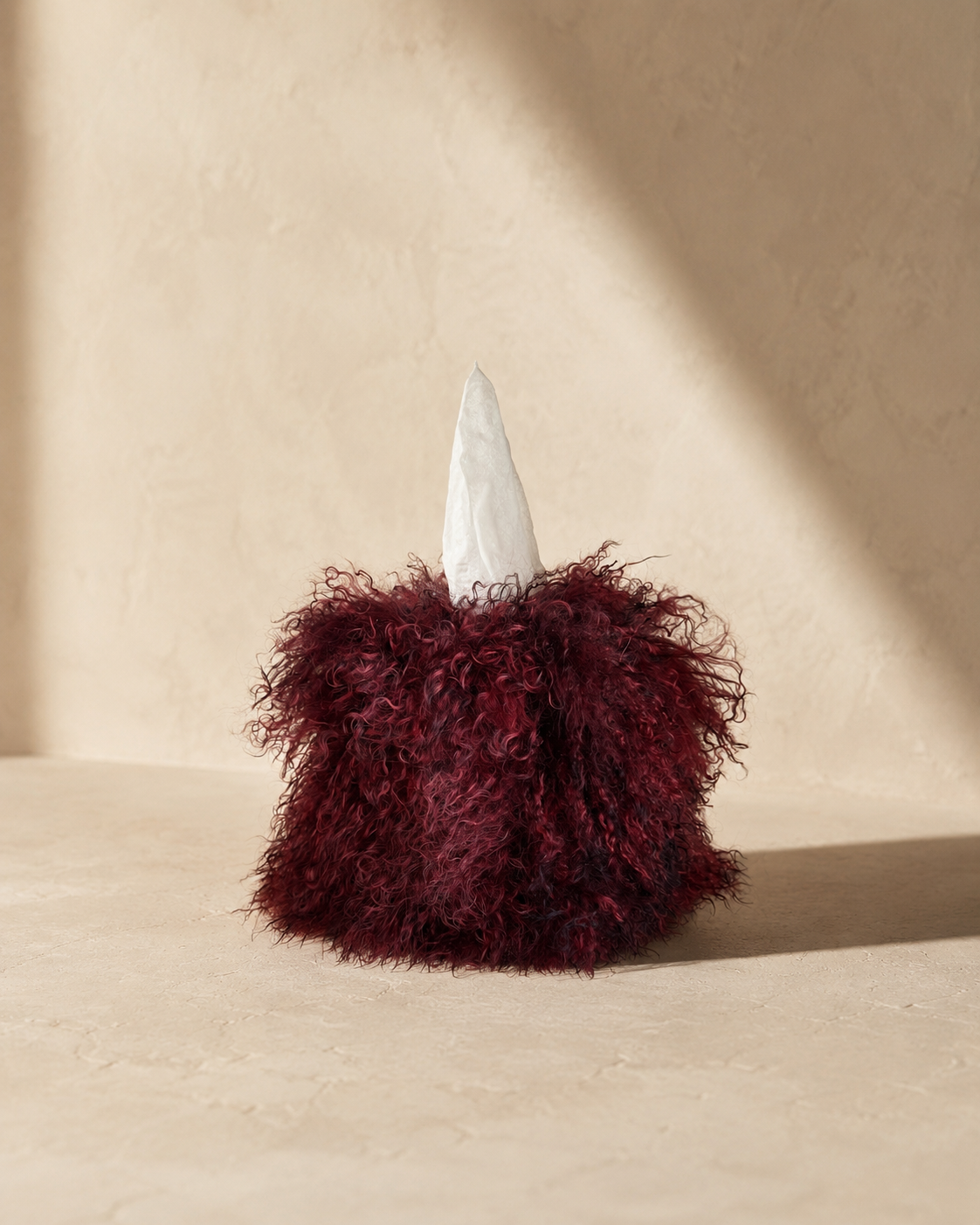 Mulberry Reserve Mongolian Lamb Tissue Box Cover in a deep wine-inspired mulberry hue with luxurious curly fleece.