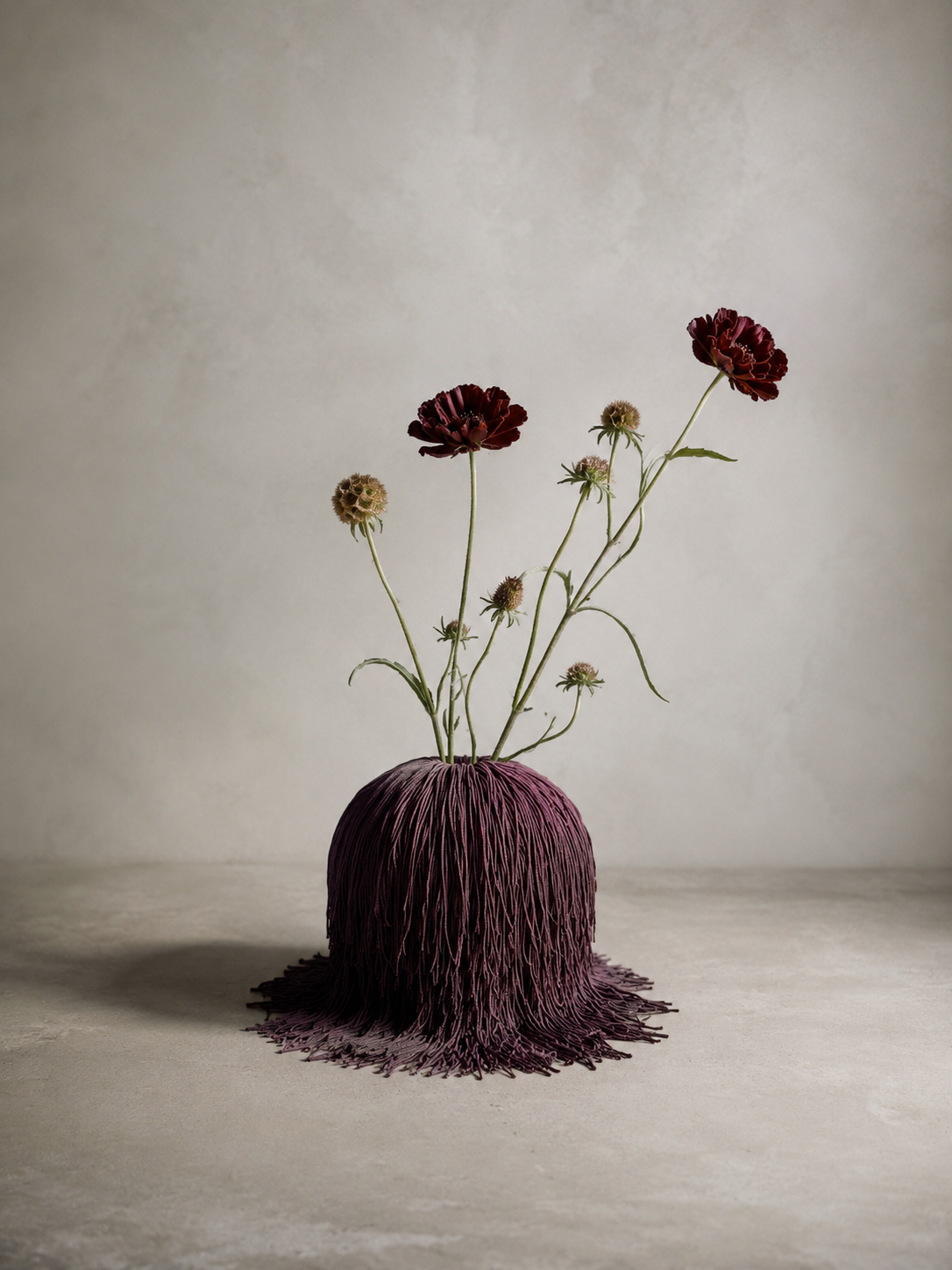 Bordeaux Noir Spill Sphere Vessel with cascading fringe holding burgundy flowers against a warm neutral background.