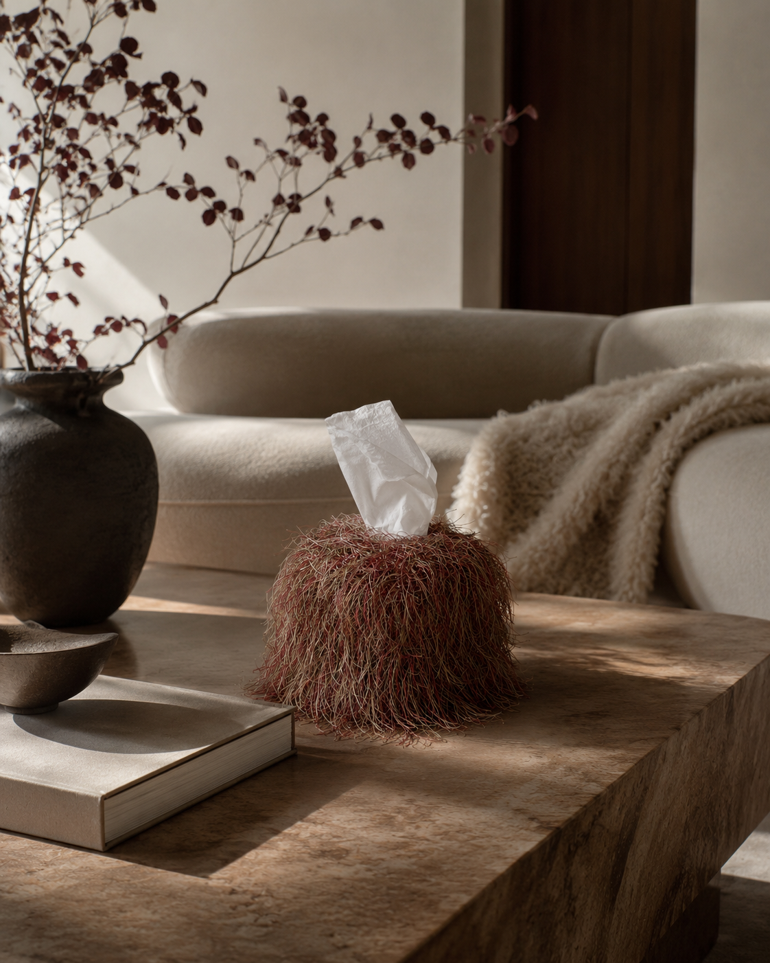 Driftwood & Merlot eyelash fringe tissue box cover wrapped in textured novelty fringe with layered neutral fibers and rich merlot accents.