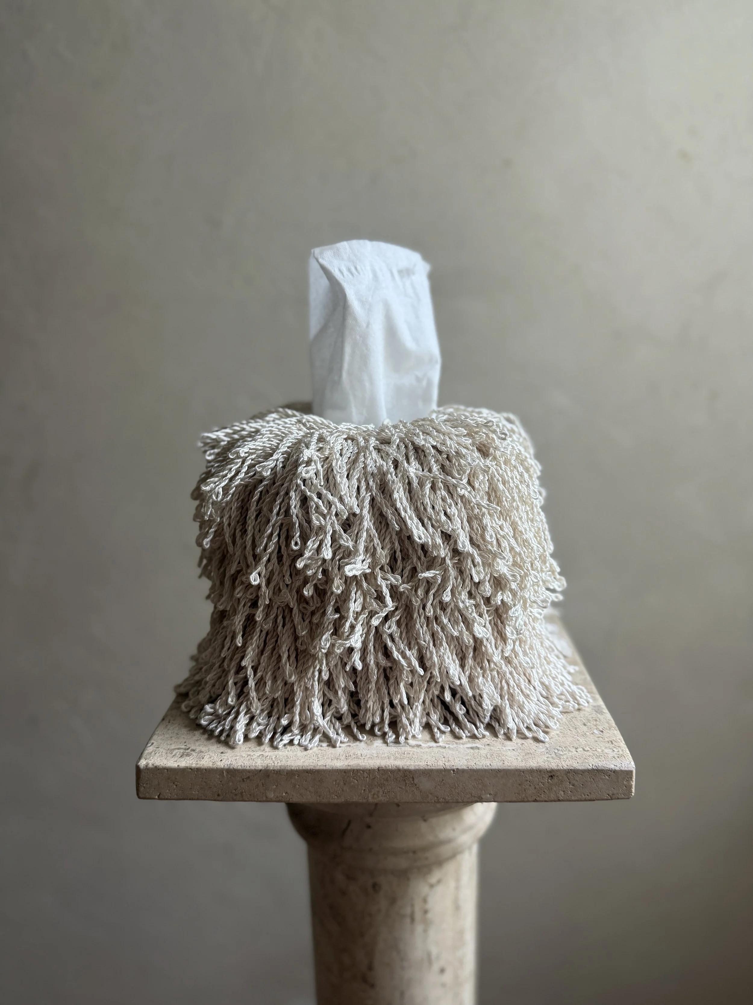 Fringe tissue box cover in pearled cream, handcrafted luxury décor by Amber Renee Hansen.