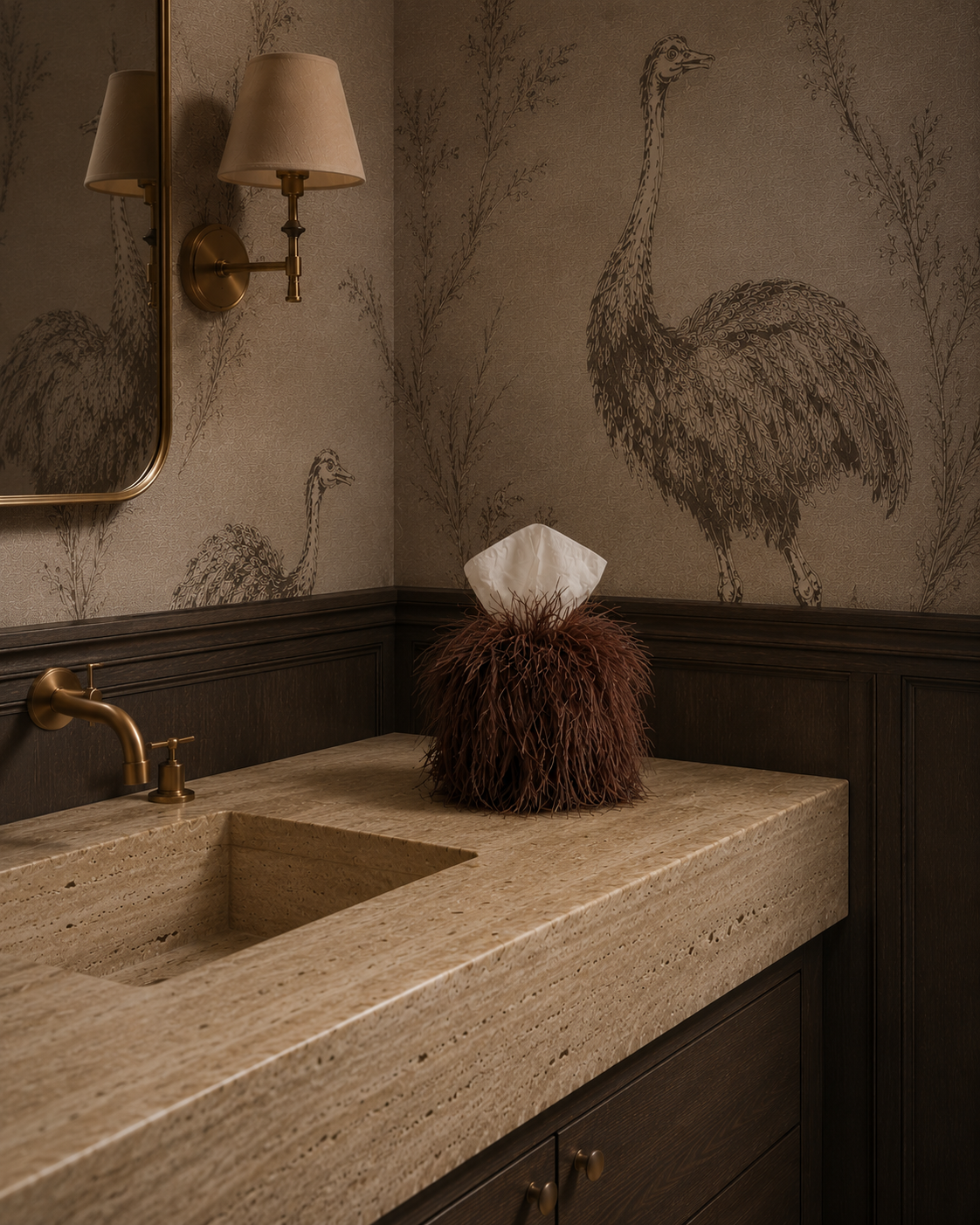 Sable ostrich tissue box cover, a luxurious, sculptural piece of collectible interior design.